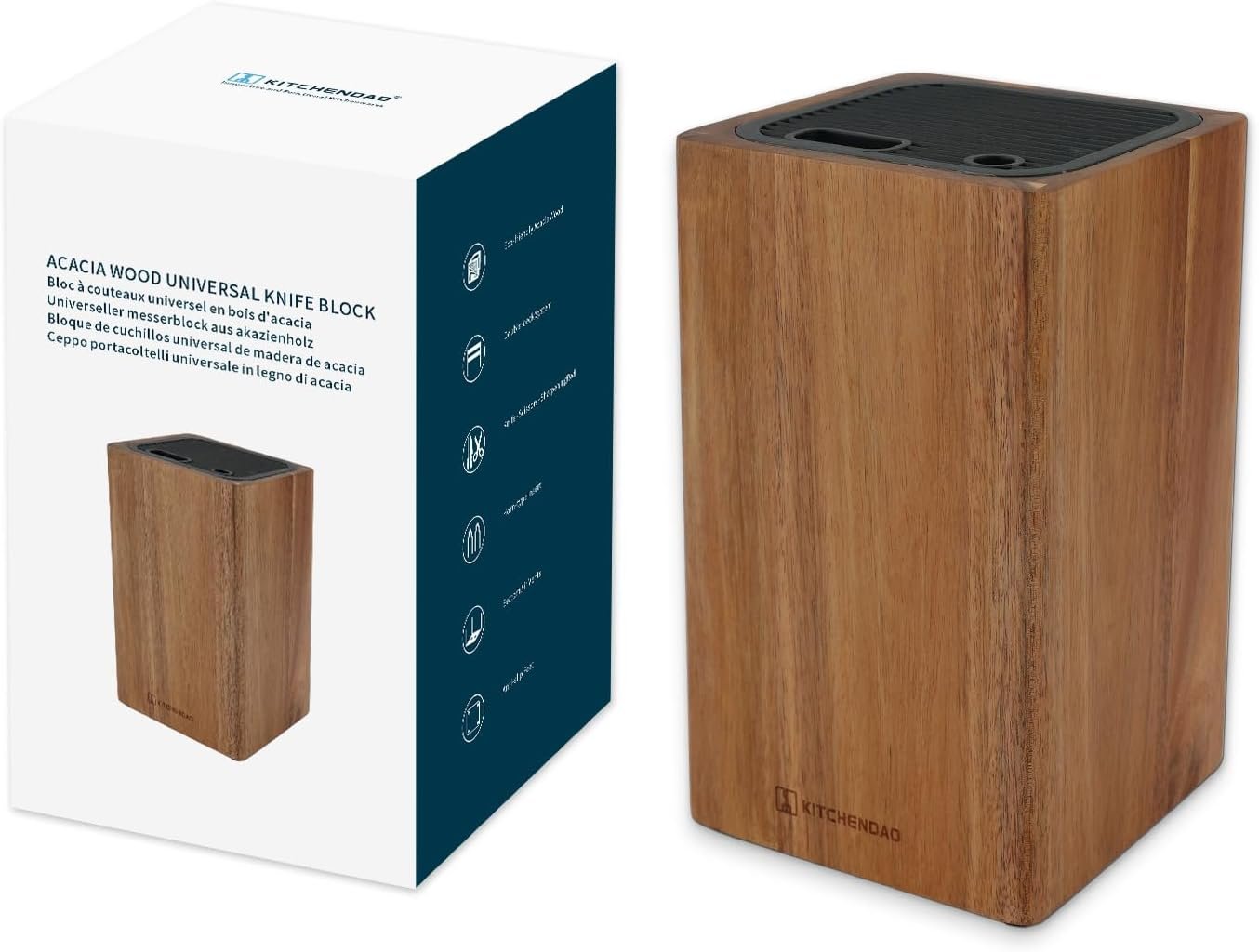 KITCHENDAO Deluxe Universal Knife Block with Slots for Scissors and Sharpening Rod – Acacia Wood Knife Block For Safe, Space Saver Knives Storage – Unique Slot Design to Protect Blades