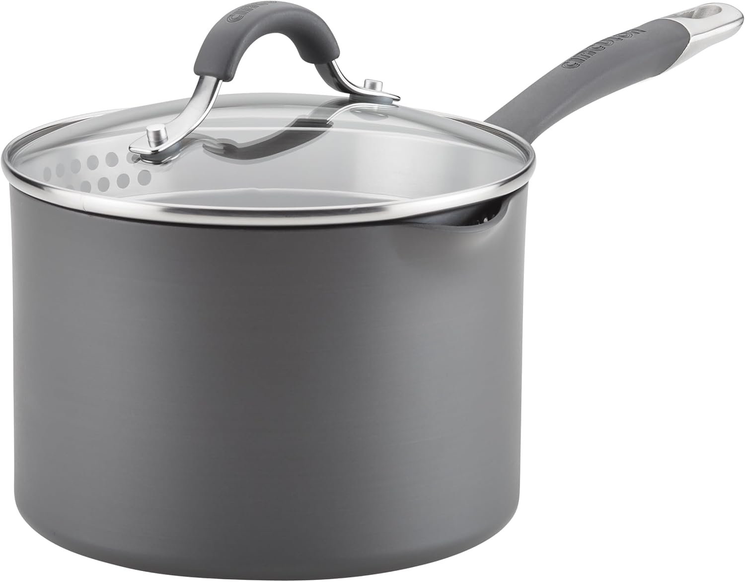 Circulon Radiance Hard-Anodized Nonstick Saucepan with Lid, 3-Quart | Straining Lid For Easy Draining, Durable Non Stick For Everyday Cooking, in Gray