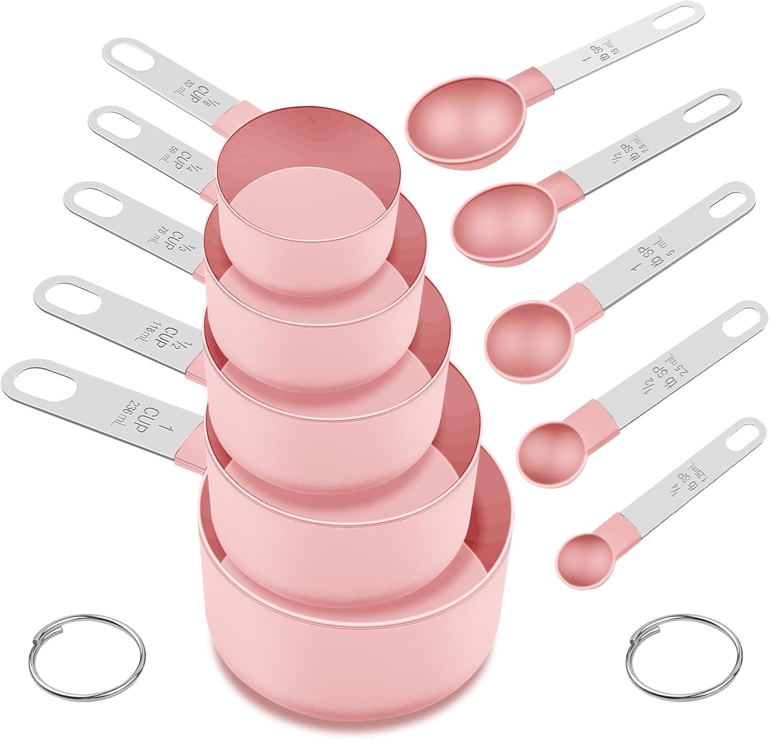 Measuring Cups and Spoons Set, 10-Piece with Stainless Steel Handles, Pink | Nesting, Multiple Sizes to Measure Dry & Liquid Ingredients, Clear Markings, Kitchen Essentials Gadgets for Baking & Cooking