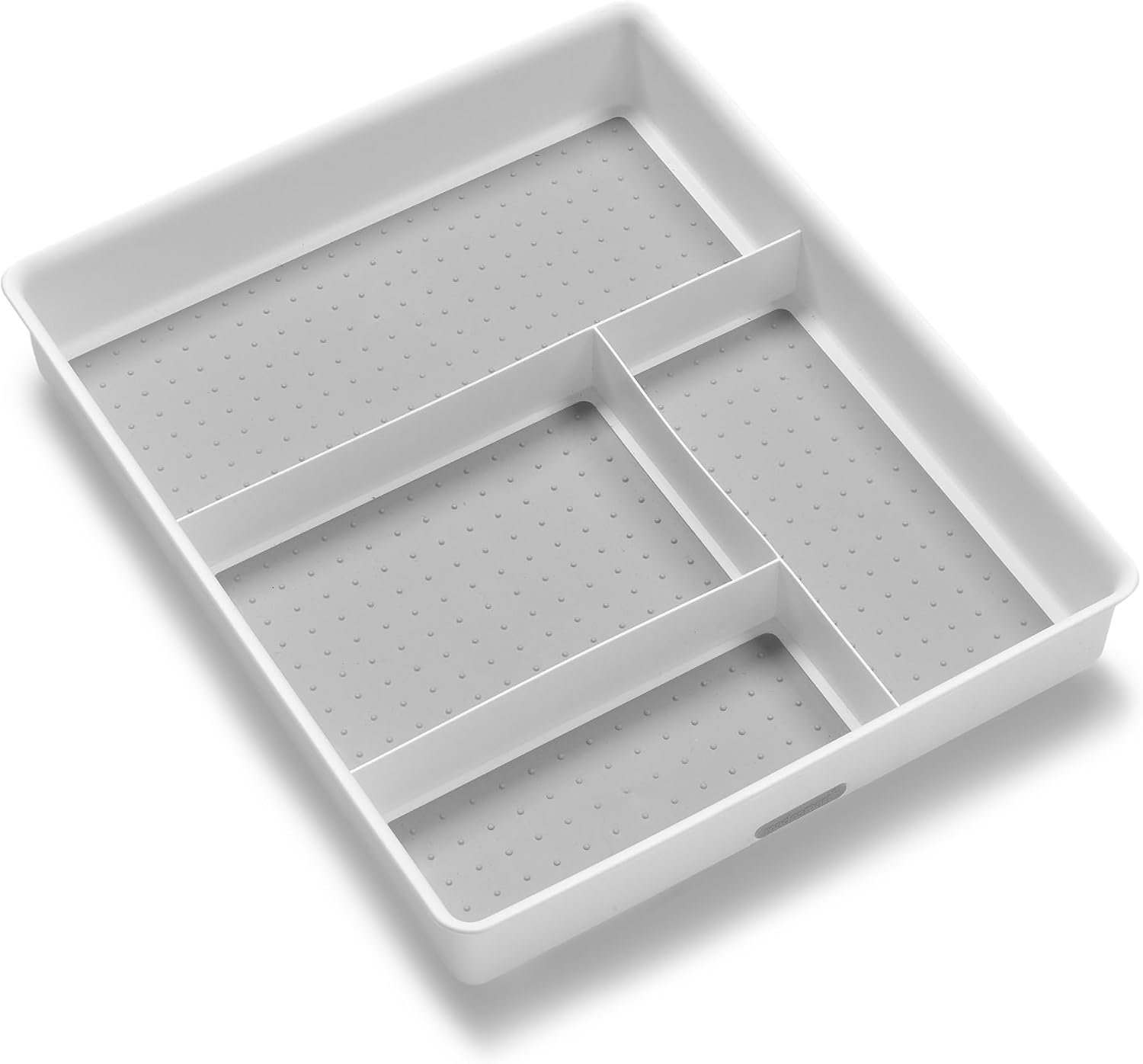 madesmart Classic 4 Compartment Drawer Organizer, White | non slip feet, rounded corners, soft grip base, open sections, cords tech accessories, office craft supplies, woman owned
