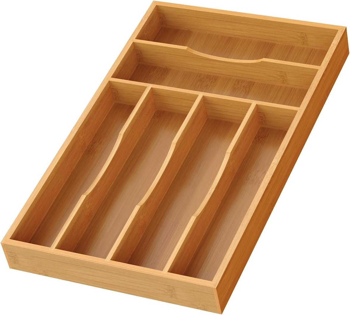 Bamboo Silverware Organizer, Bamboo Kitchen Drawer Cutlery Organizer, Utensil Holder, Flatware Organizer Tray (15.8″x9.5″x1.6″)