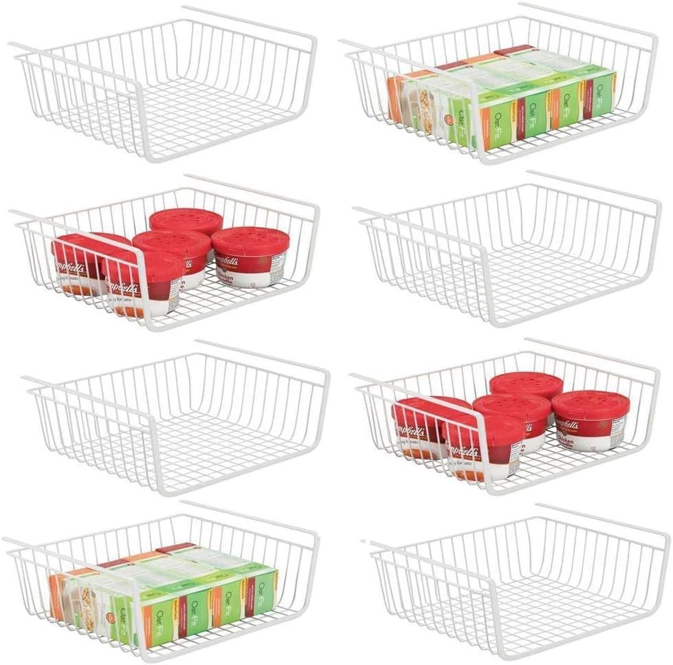 8 PACK 12in Hanging Under Shelf Storage Basket Kitchen Cabinet Organizer Storage, Slides Under Wire Shelves for Counter Pantry Desk Bookshelf, White