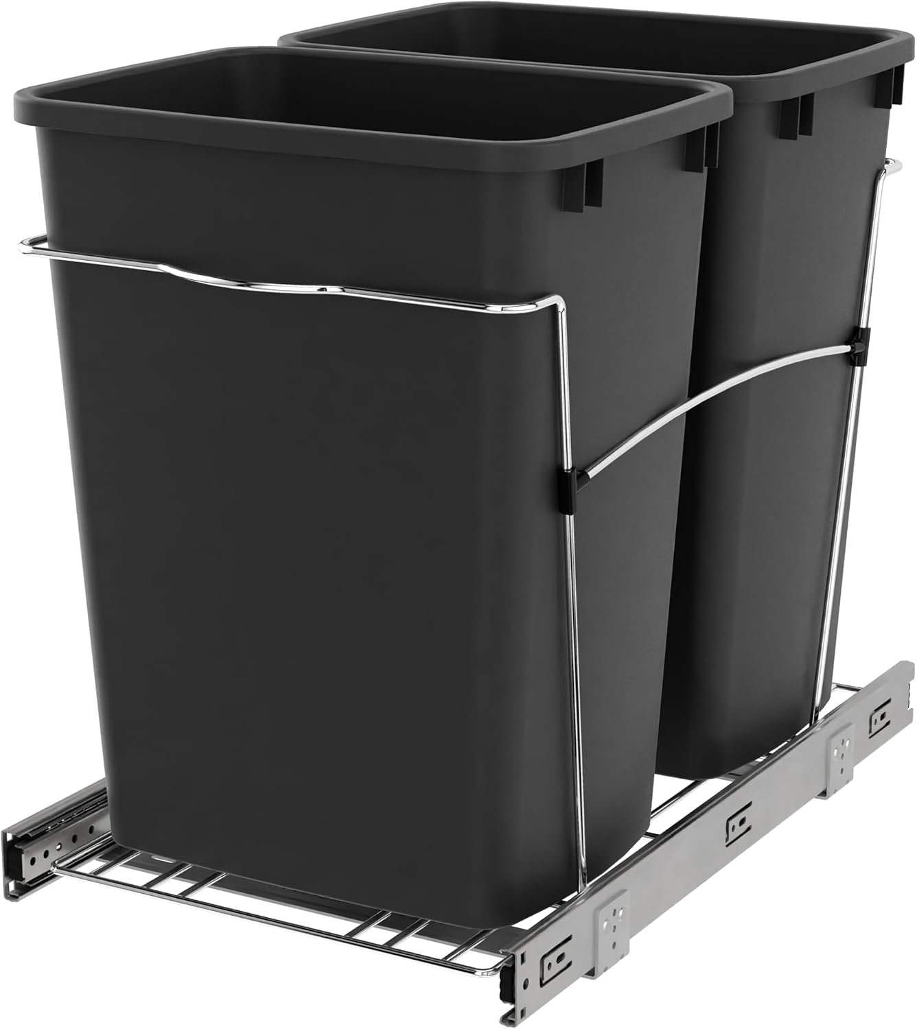 Rev-A-Shelf Double Pullout Garbage Trash Cans for Kitchen Cabinets, 35 Qt | Large Capacity Waste/ Recycling Bins, Heavy Gauge Wire Construction, with Full Extension Slides, Black, RV-18KD-18C S