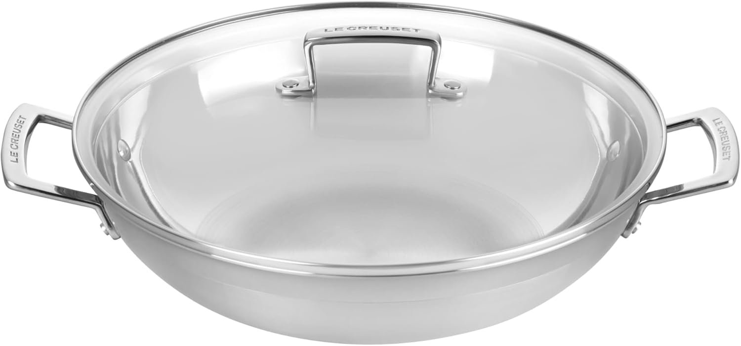 Le Creuset Stainless Steel Classic 3-Ply Wok with Glass Lid, 4.5qt