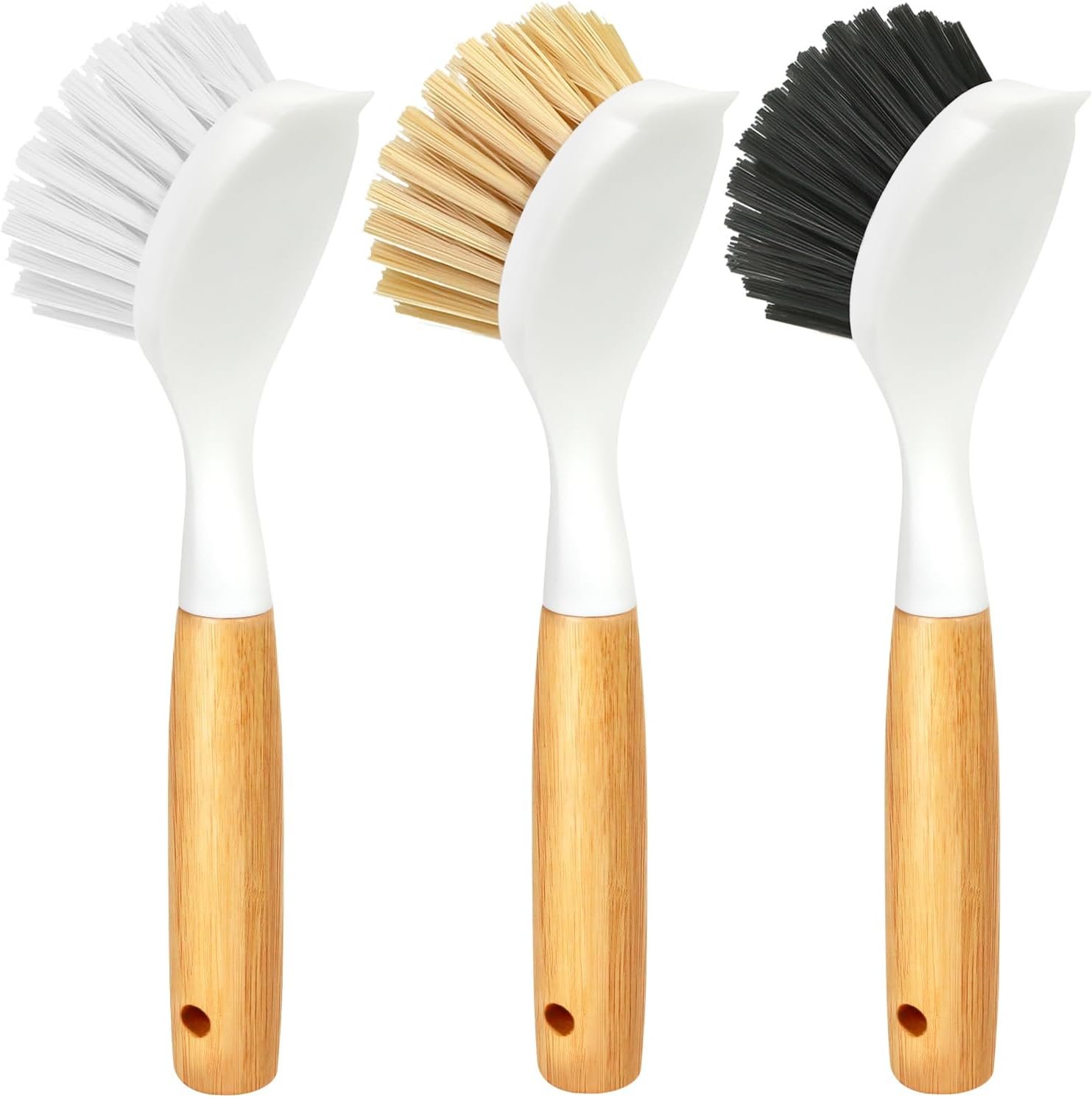 Holikme 3 Pack Dish Brush with Bamboo Handle Cleaning Brush,White Black | Dish Brushes Vegetable Scrubber Round Natural Scrub Brush Cleaning Kit for Cleaning Saucepans, Pots, Pans and Vegetables