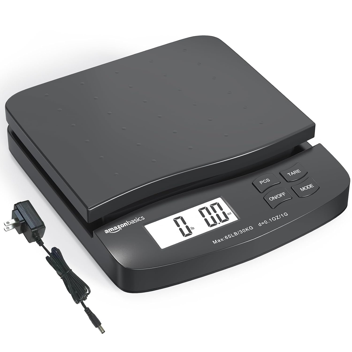 Amazon Basics Digital Postal Shipping Scale with Tare Function, AC Adapter, 65 lb Capacity, 0.1 oz Readability, LCD Display, Black