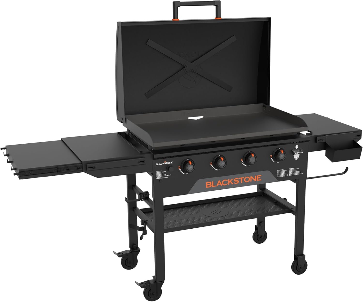 Blackstone Original Portable Griddle with Built-in Hood, Black, 36 Inch | Powder Coated Steel, 4 Burner Propane Griddle, Extendable Side Shelf