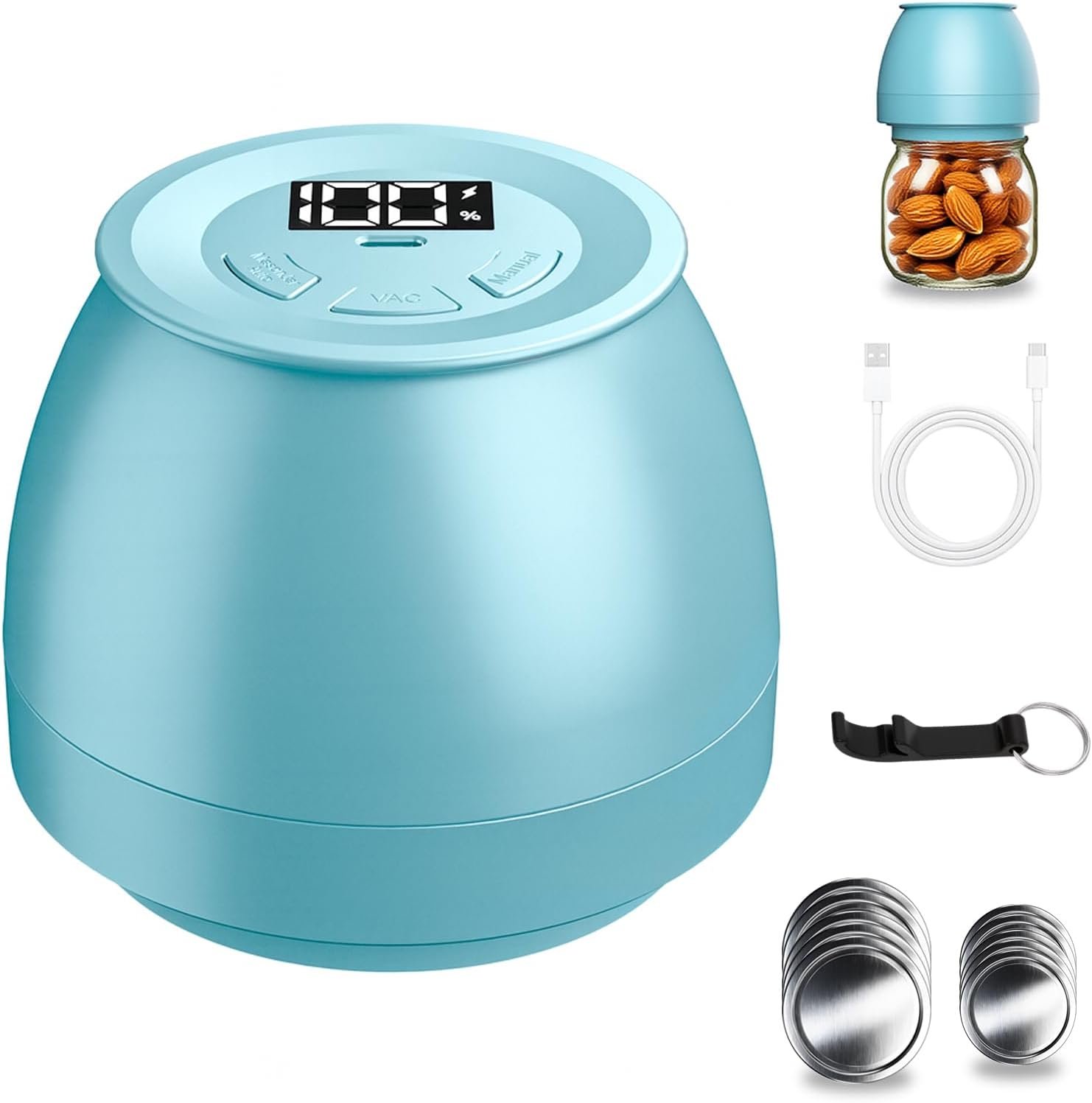 FUTUREZEN Electric Mason Jar Vacuum Sealer for Regular and Wide Mouth, Blue | automatic vacuum sealing, food preservation, bottle opener, USB-C cable, jar lids