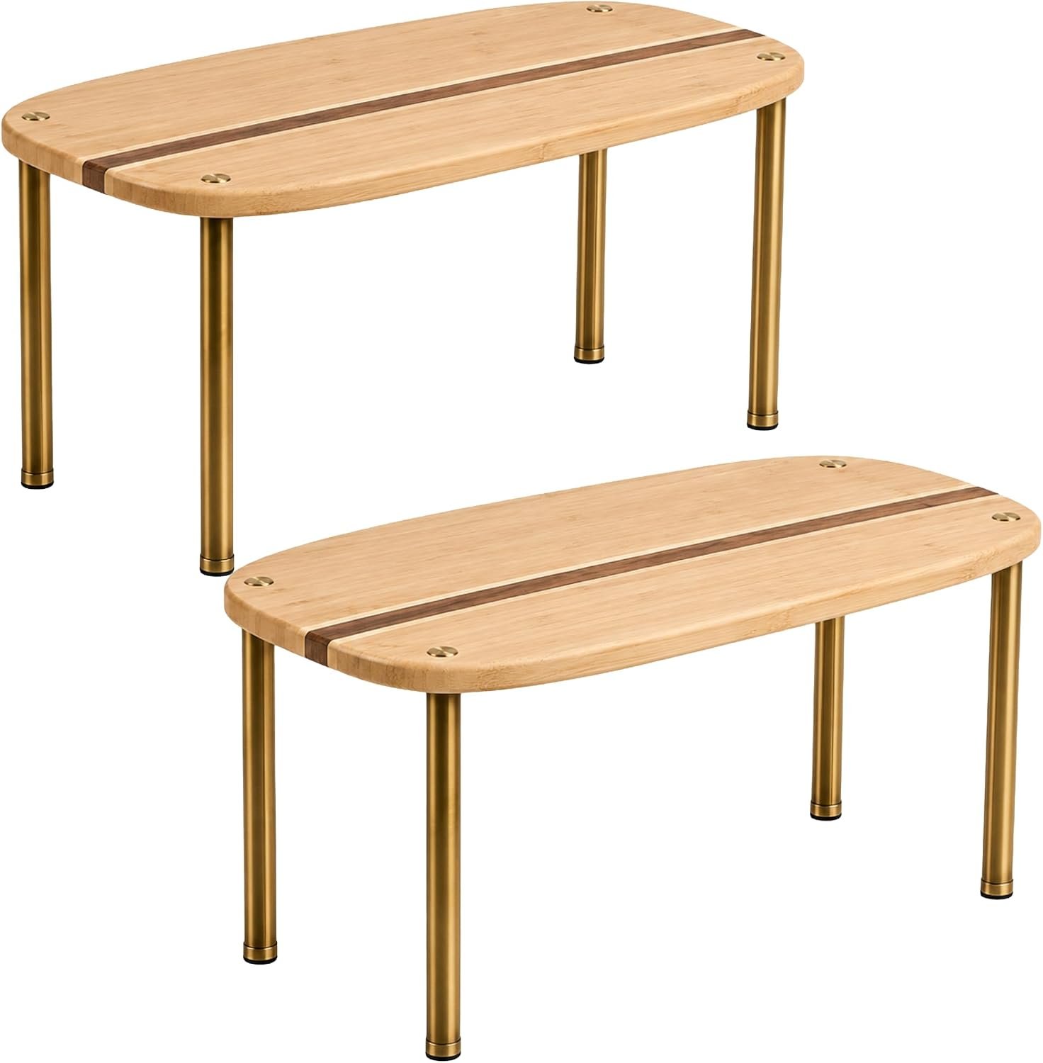 Ibyx Cabinet Organizer Set of 2 – Kitchen Pantry Organizers and Storage with Bamboo Top & Brass-Effect Metal Legs – for Kitchen Counter & Stackable Shelves for Cabinets with 22 lb Capacity – Natural