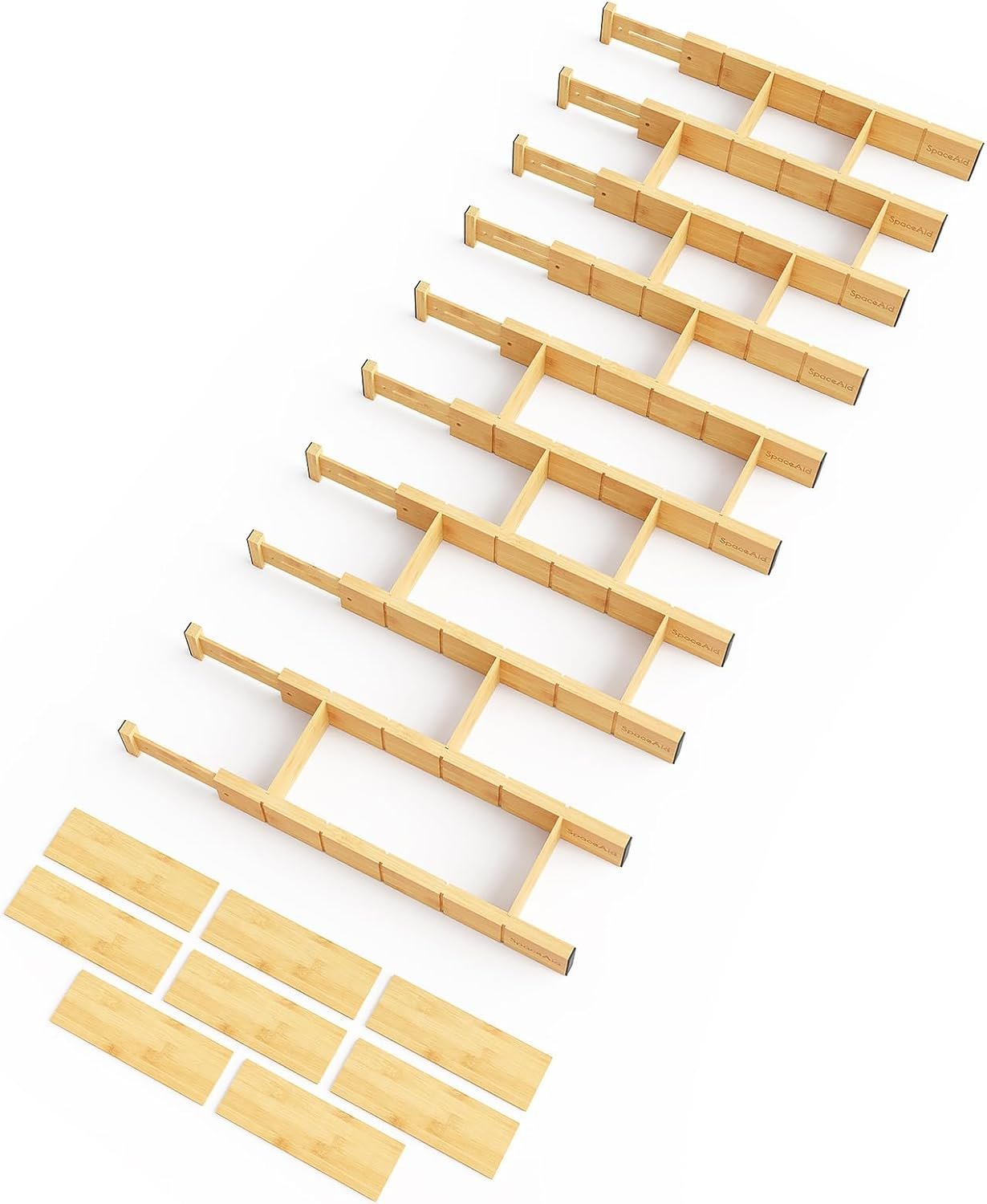 SpaceAid Bamboo Drawer Dividers with Inserts and Labels, Kitchen Adjustable Drawer Organizers, Expandable Organization for Home, Office, Dressers, 10 Dividers with 24 Inserts (17″-22″ Natural)