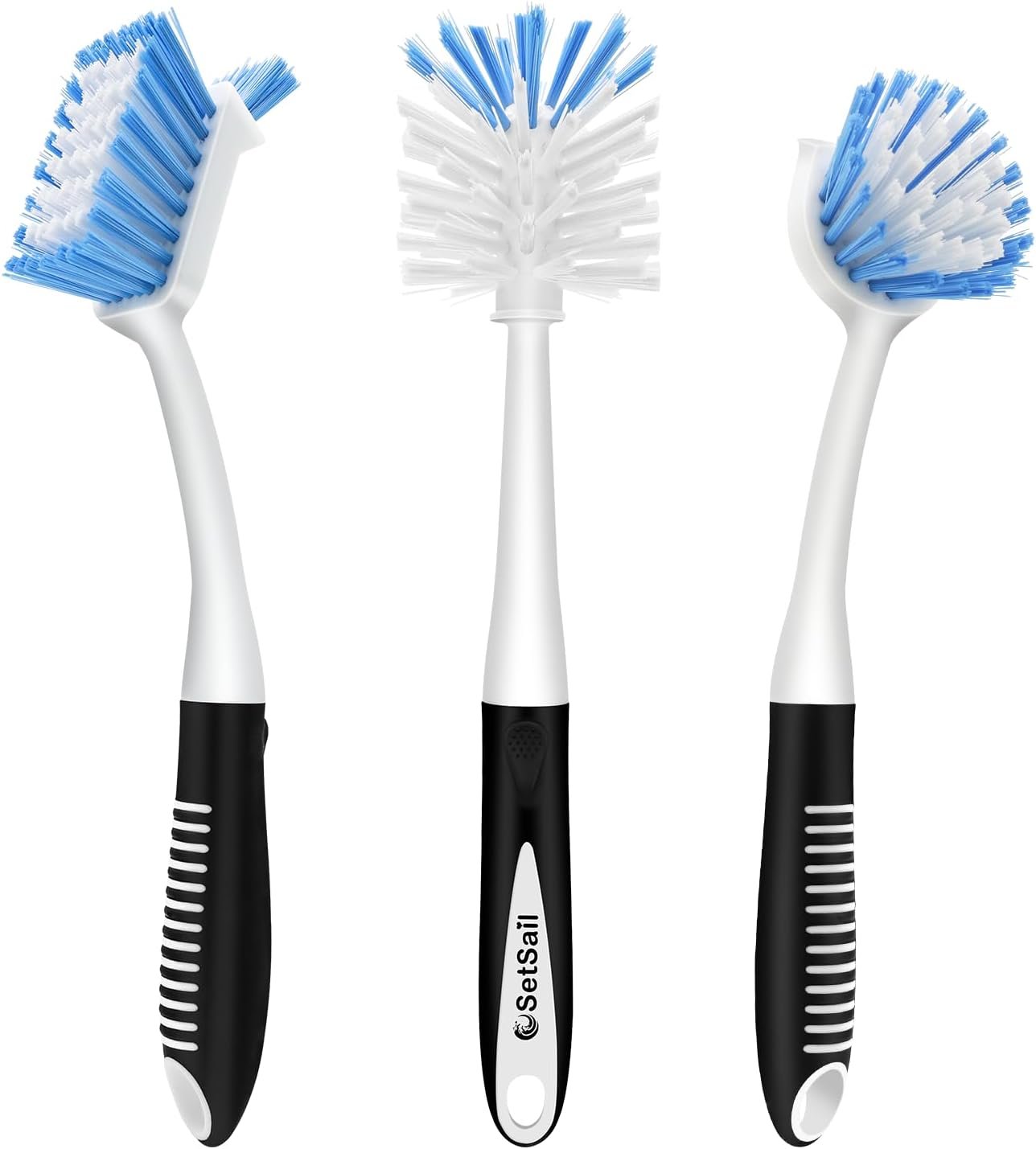 SetSail 3 Pack Dish Brush Set, Long Handle Kitchen Scrub Brush(Black Blue) | Built-in scraper tip, non-slip rubber handle, PET stiff bristles. Hanging loop for storage. for Dishes pots, pans, bottles
