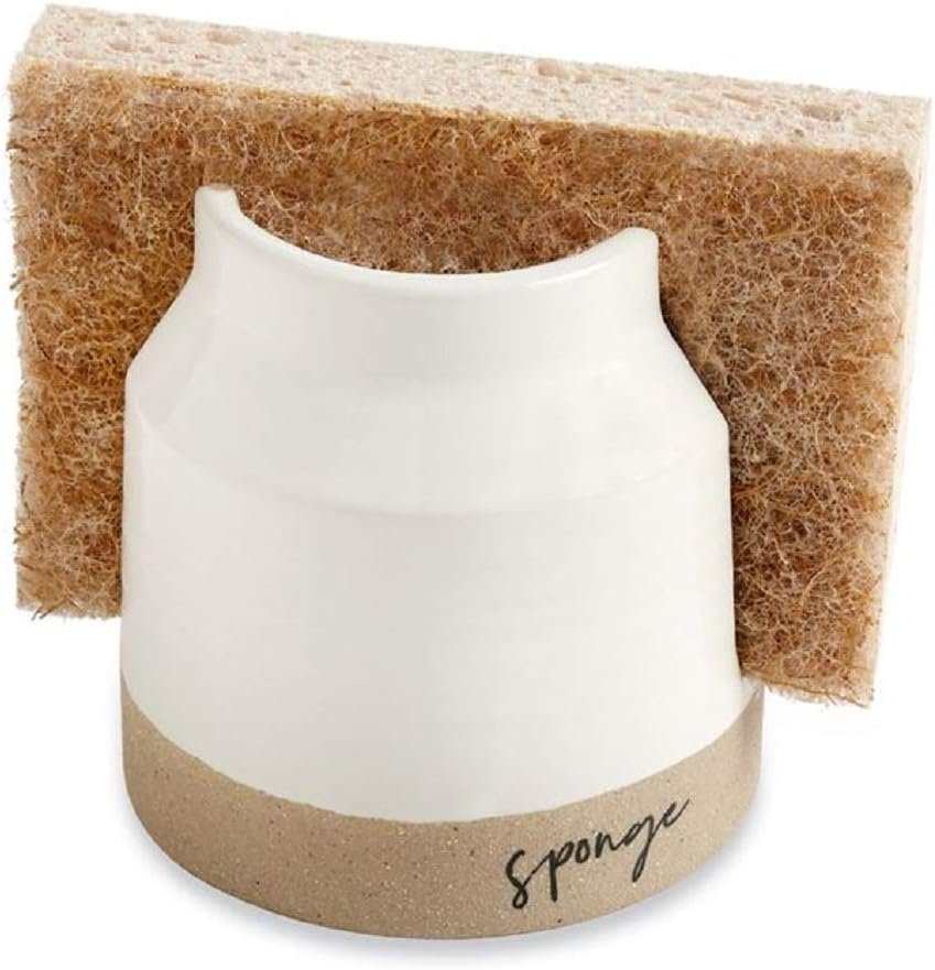 Mud Pie 41220001 Stoneware Sponge Holder, 3 1/2″ x 3 1/2″, Brown and White