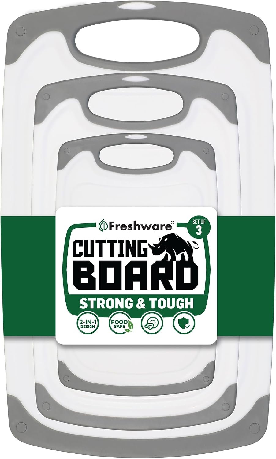 Freshware Cutting Boards for Kitchen, Chopping Board 3-Pack with Different Sizes, Juice Grooves and Non Slip Handles – Reversible, Large Cutting Board Set – Dishwasher Safe – Gray