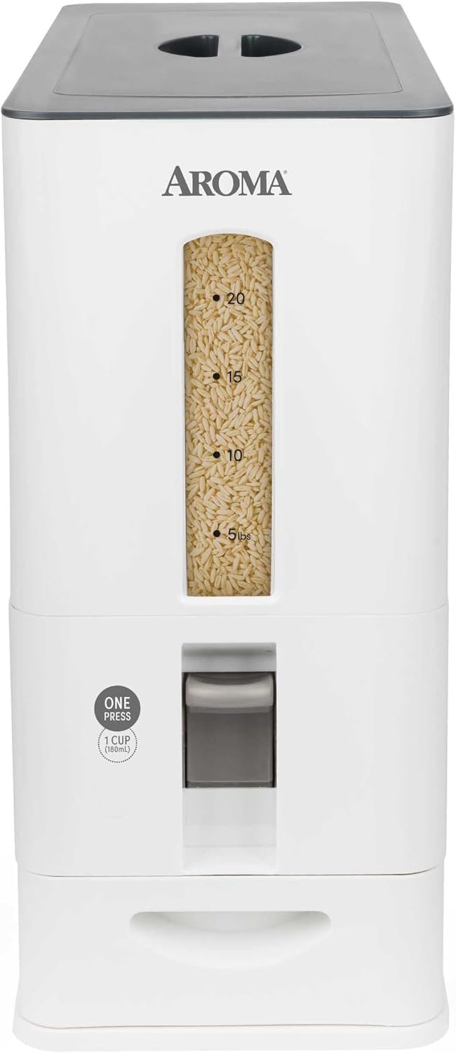 Aroma Housewares 27lbs Large Rice Dispenser, 7.25 x 16.5 x 16.5 inches, White