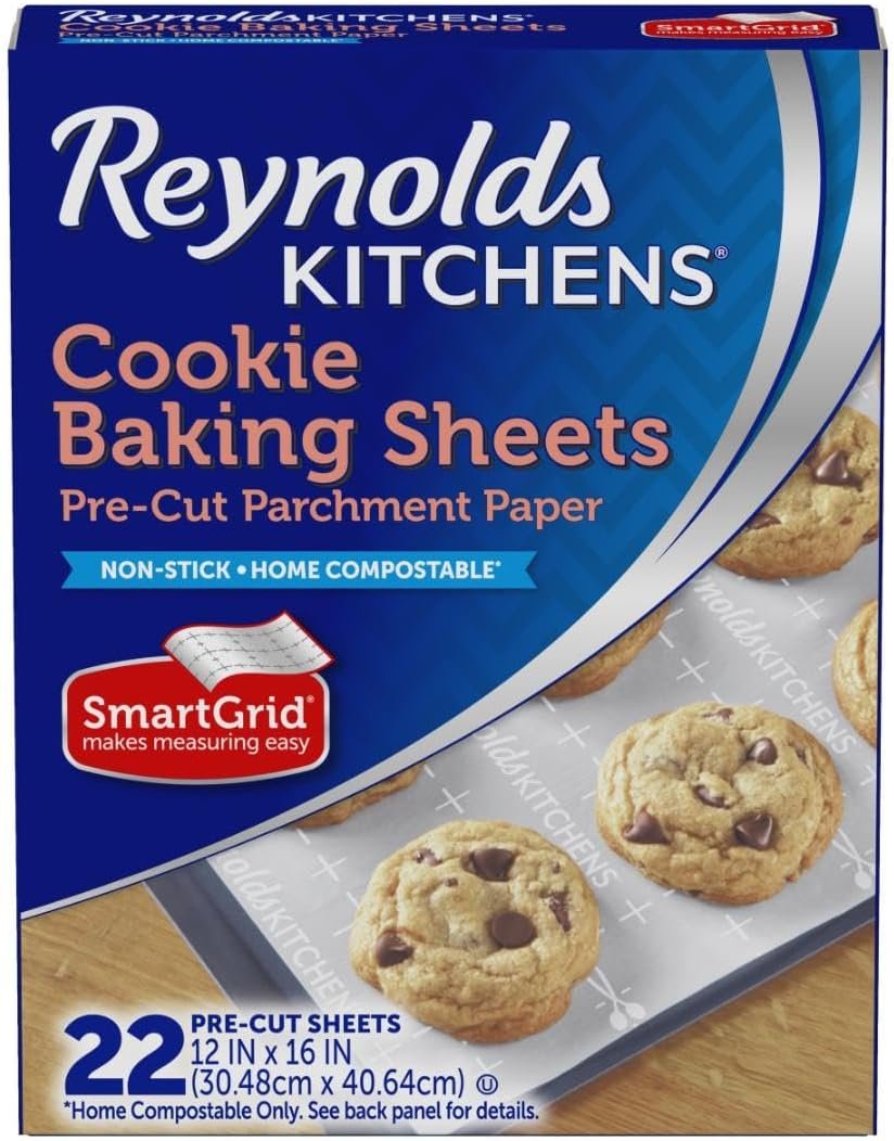 Reynolds Kitchens Pre-Cut Parchment Paper Cookie Baking Sheets, 22ct | 12 x 16 in, Fits Standard Size Cookie Sheets, Nonstick, Reusable Up To 3X, SmartGrid Lines, Oven Safe To 425F, Easy Cleanup