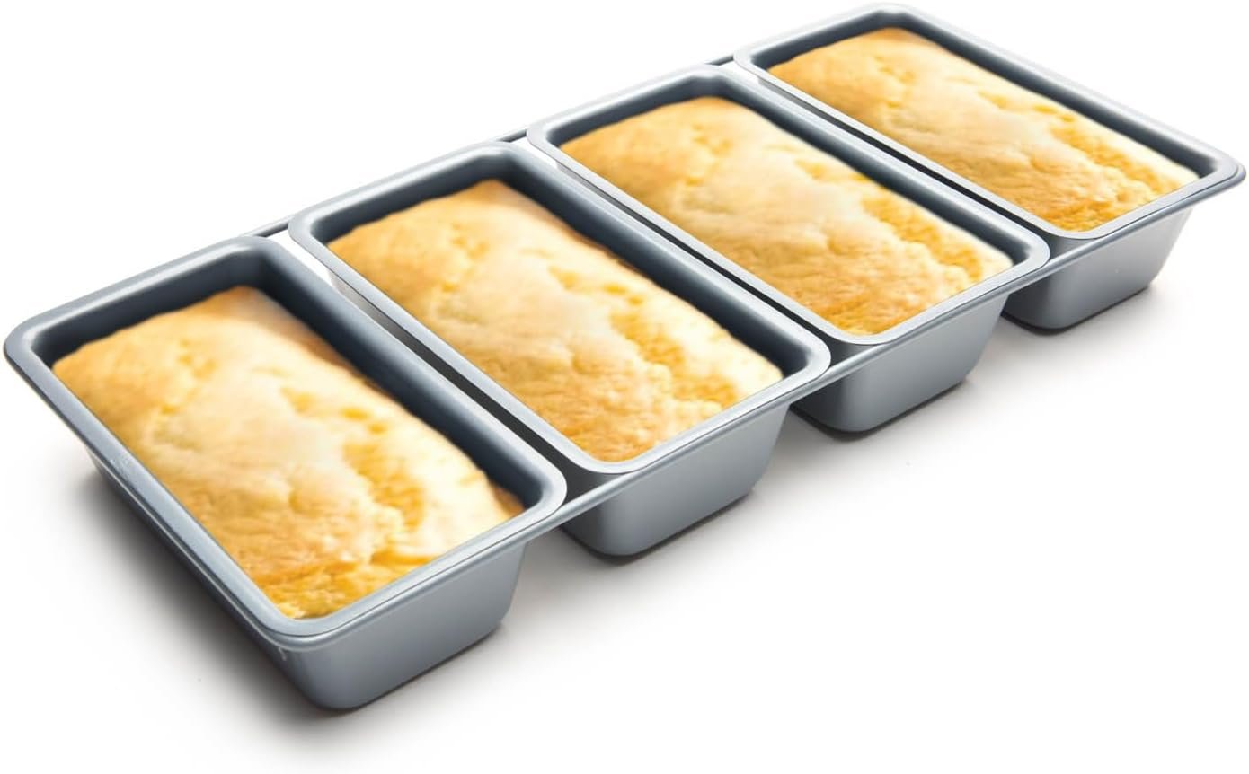 Fox Run Loaf Pan, Linked Non-Stick Mini Bread Pans, with 4 Connected Wells | Make 4 Mini Loaves At Once | Easily Release Nonstick Bread Pan | Consistent Results | Small Loaf Pan | Sourdough Bread Baking