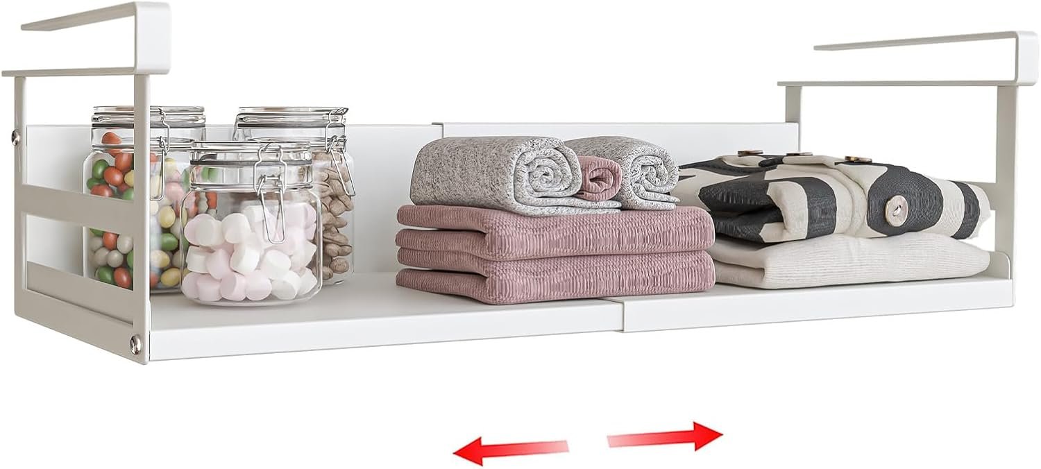 Expandable Under Cabinet Shelf Organizer with 0.94-Inch Thick Clips, Heavy Duty Extendable Under Shelf Storage Basket for Pantry or Laundry Room, White, 1 Pack, Interior: 4.13″ H x 7.2″ D