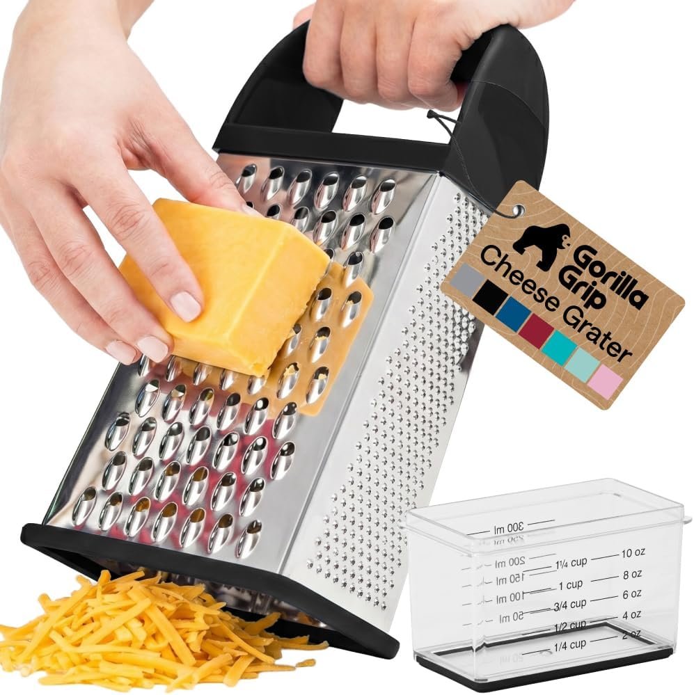 GORILLA GRIP® XL 4-Sided Stainless Steel Cheese Grater With Measurement Container, BPA-Free Box Grater, Slip Resistant Base, Grate Hard Parmesan, Shred Veggies, Zest Citrus, Dishwasher Safe, Black
