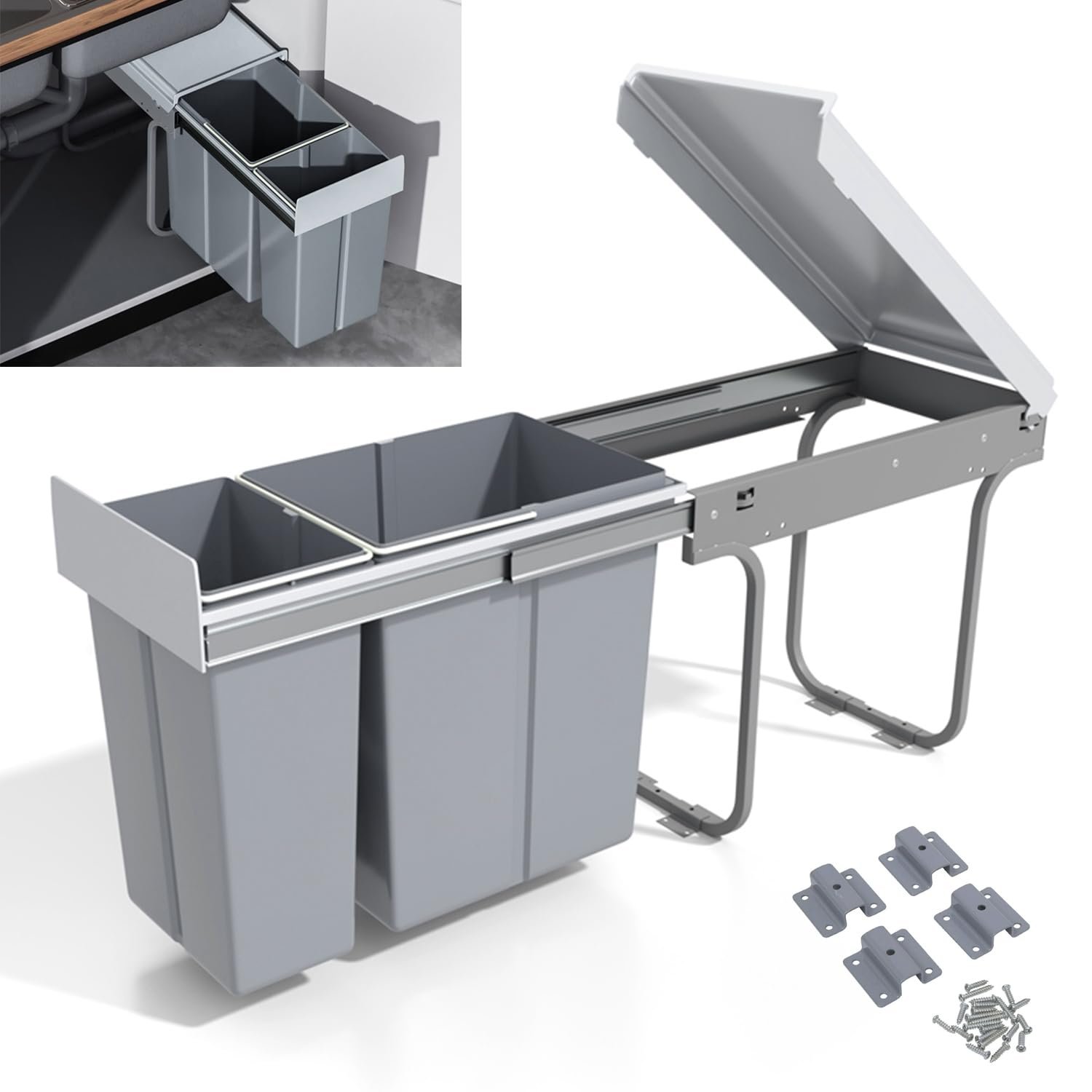 MYOYAY 30L Double Pull Out Under Cabinet Trash Can | with Lid 10L + 20L (8 Gallon) Kitchen Cabinet Garbage Can Sliding Out Under Counter Waste Bin Recycling Waste Bin