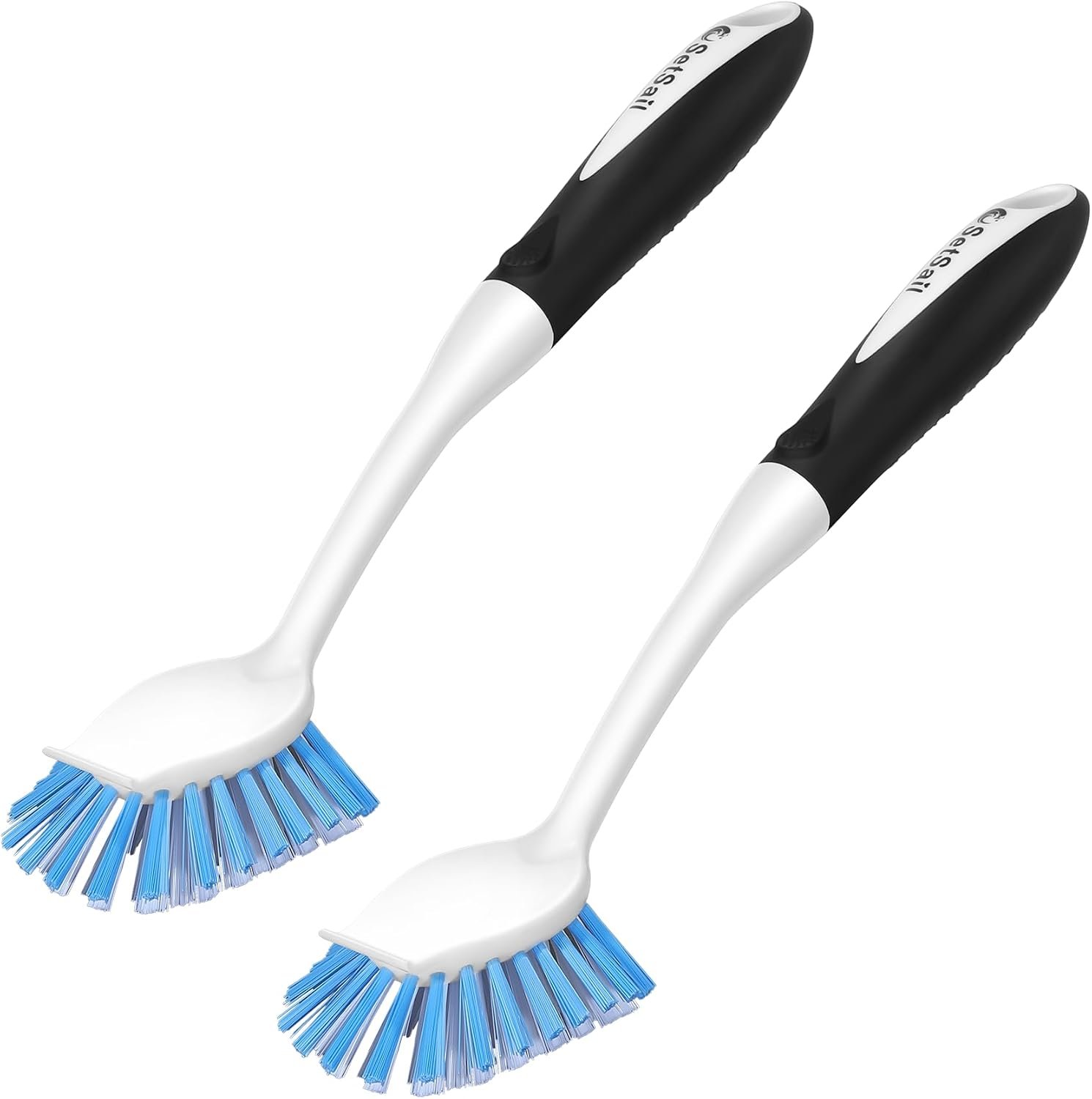 SetSail Dish Brush with Handle, 2 Pack Stiff Bristles Dish Scrubber with Built-in Scraper Dish Scrub Brushes for Cleaning Dishes, Pots and Pans, Kitchen Sink | Built-In Scraper Tip, Non-Slip Rubber Handle, Hanging Loop for Storage Deep Cleaning for Dishes Pots, Pans, Bottles