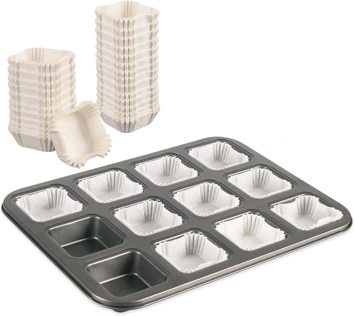 12 Cavity Brownie Pan with Dividers, Non Stick Square Carbon Steel Muffin Baking Bakeware with 300 PCS Parchment Liners, Dark Gray