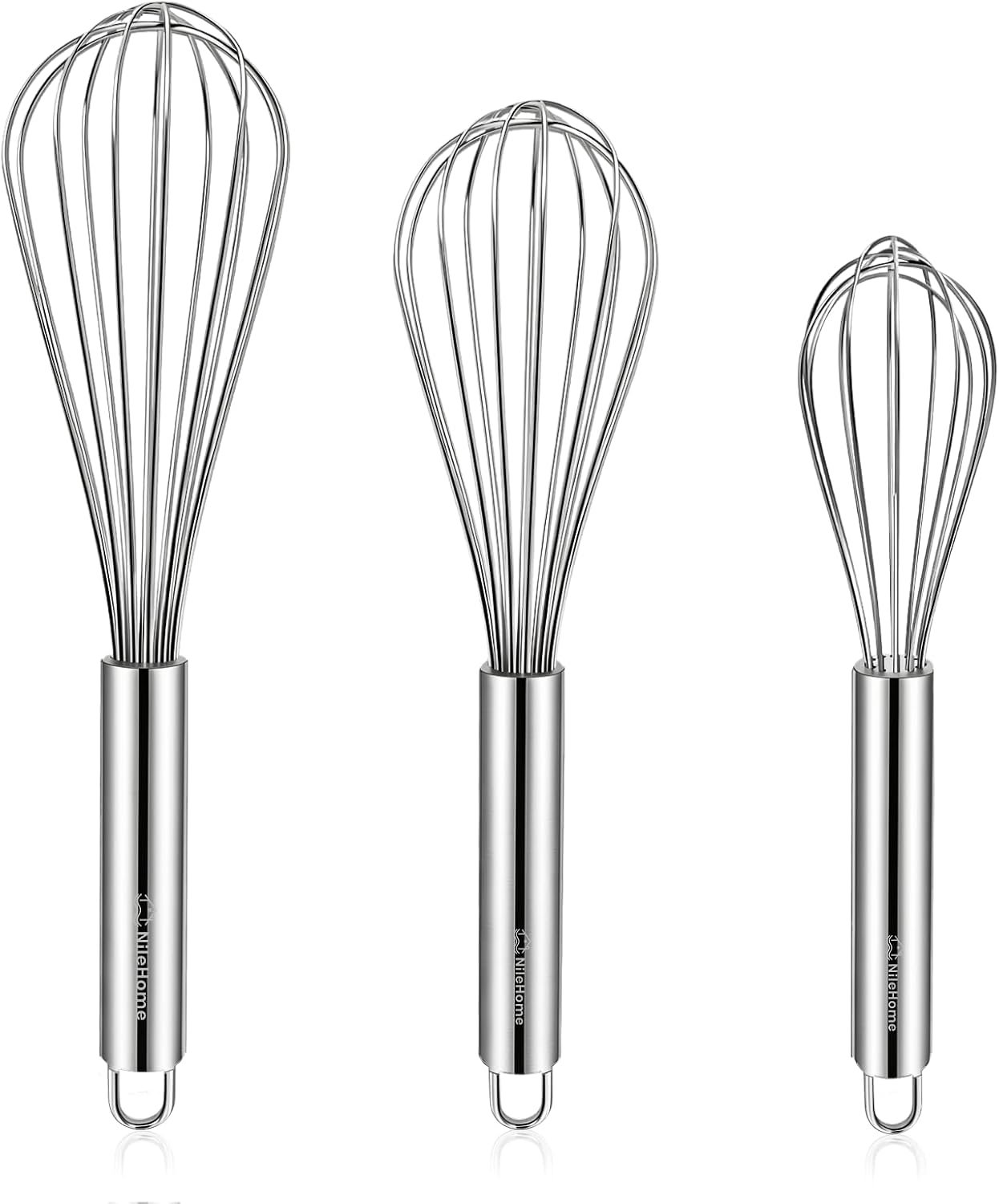 NileHome Stainless Steel Whisk Set 8″ 10″ 12″ Kitchen Whisk Balloon Whisk Kitchen Wisk Wire Whisks for Cooking, Whisking, Blending, Beating, Stirring-3 Pack…