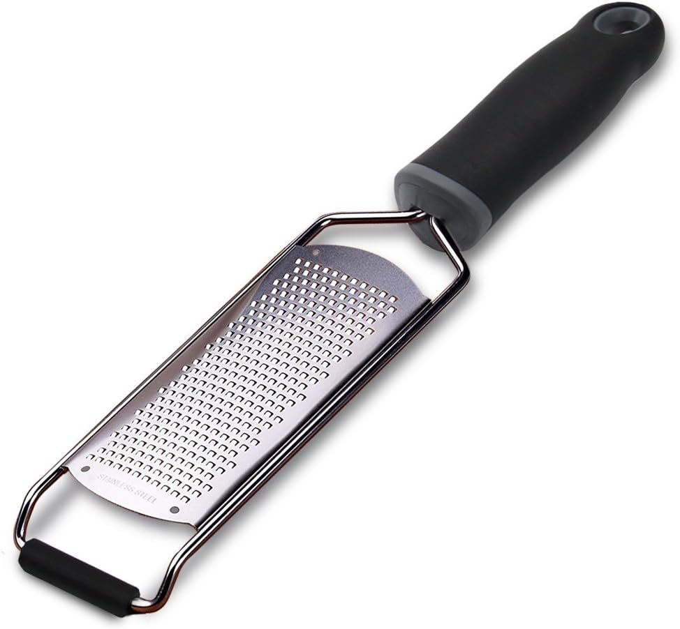 Wide Lemon Zester & Cheese Grater, 18/8 Stainless Steel with Cover, Black | Extra-wide Fine Grating Surface for Citrus, Parmesan, Ginger and Garlic, 18/8 Stainless Steel Blade, Non-slip Top Pads, Cover