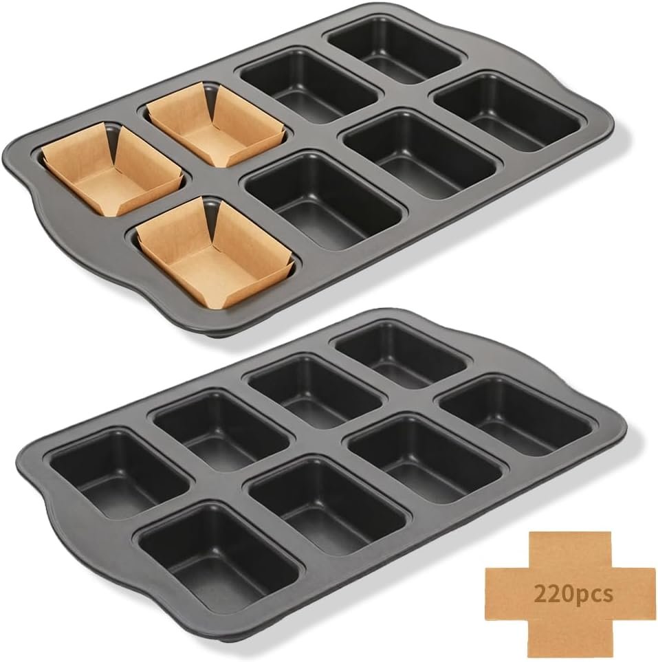 Mini Loaf Pan, 8-Cavity Non-Stick Carbon Steel Baking Pans Includes 220 Sheets Of Non-Stick Baking Paper Set For Banana Bread, Cornbread, Cheesecake, Muffins, Pound Cake, Small Meatloaf, Bread Pan