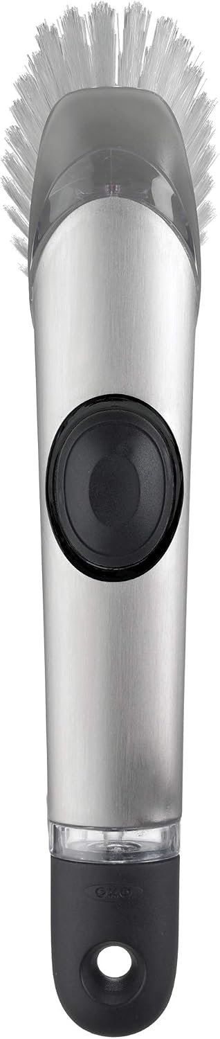 OXO Steel Soap Dispensing Dish Brush, Dish Brush with Handle for Pans, Sink | Built-In Soap Dispenser, Scrubs Pots And Pans, Soft Grip Handle, Refillable, Ideal For Everyday Kitchen Cleaning