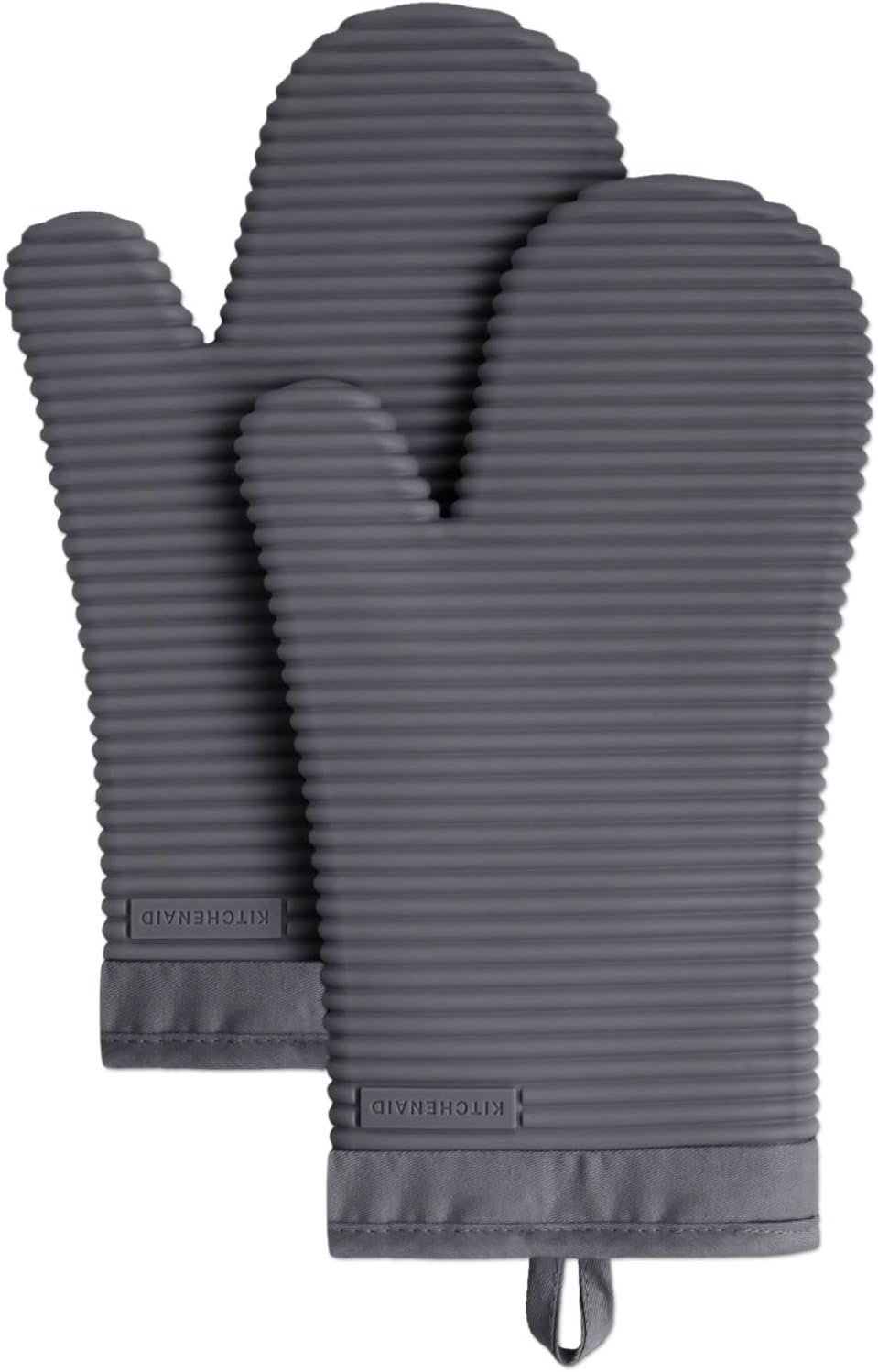 KITCHENAID Ribbed Soft Silicone Oven Mitt 2-Pack Set, 7.5″x13″, Charcoal Grey