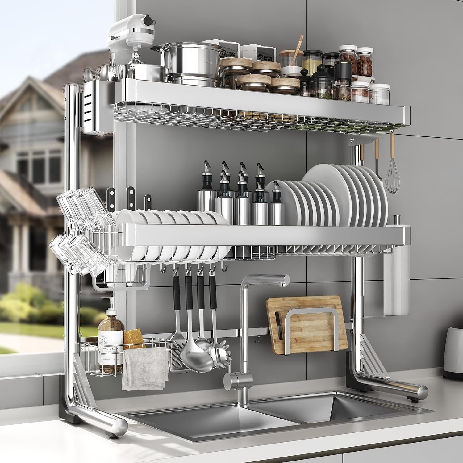 Over The Sink Dish Drainer Drying Rack 3 Tier, Full Stainless Steel Dish Drying Rack Adjustable Length 20.9”-37.4”, Kitchen Sink Shelf, Organized Space-Saving Dish Rack