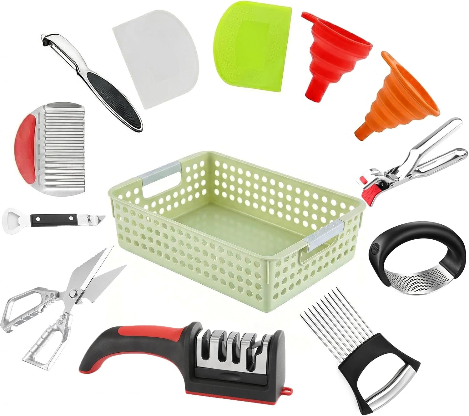 13-Piece Kitchen Gadget Set (Includes Storage Basket) — Features Kitchen Shears, Garlic Press, Knife Sharpener, Julienne Peeler, Standard Peeler, Anti-Scald Tongs (13 PCS-B)