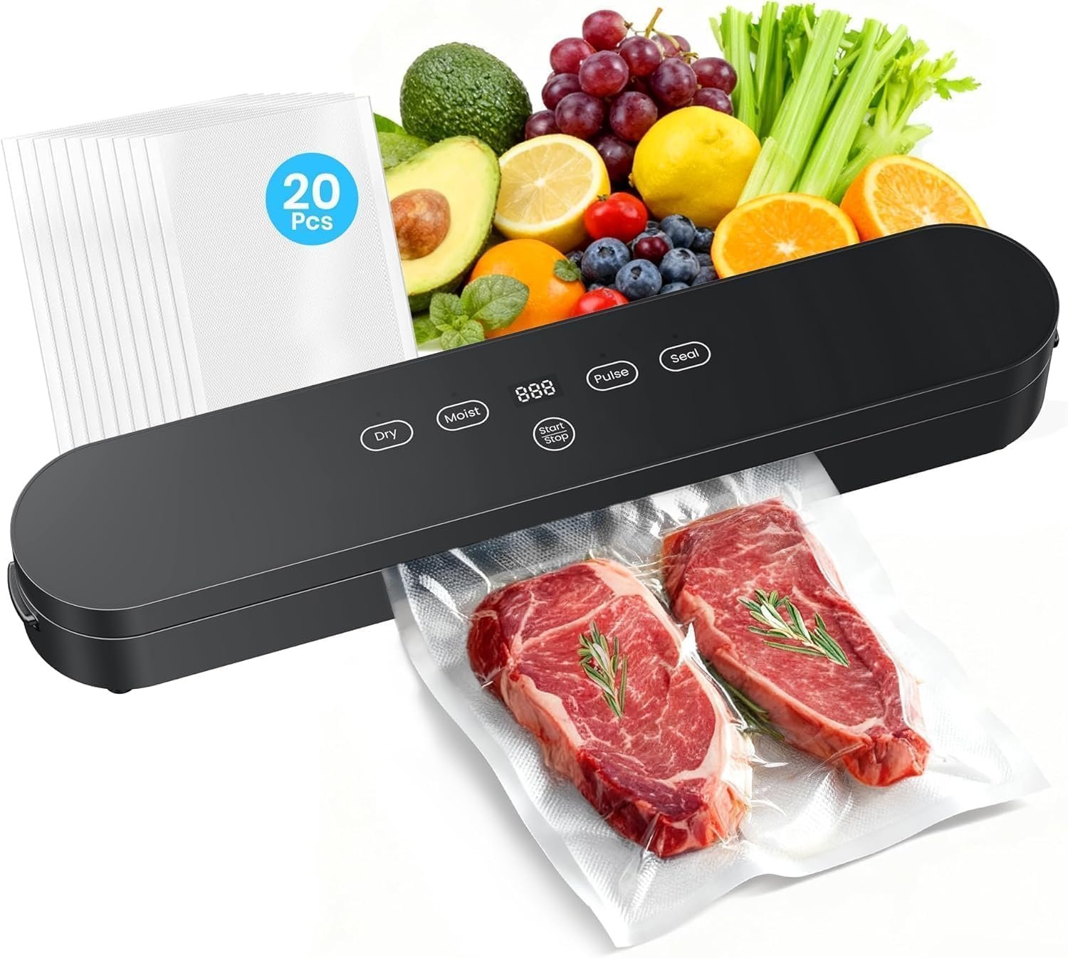 Vacuum Sealer for Food 75kPa, 4-in-1 Food Sealer Machine Digital Timer | 75kPa Vacuum Sealer with Digital Timer, 4-in-1 Food Sealer Machine with Seal/Dry/Moist/Pulse Modes, Compact for Food Storage