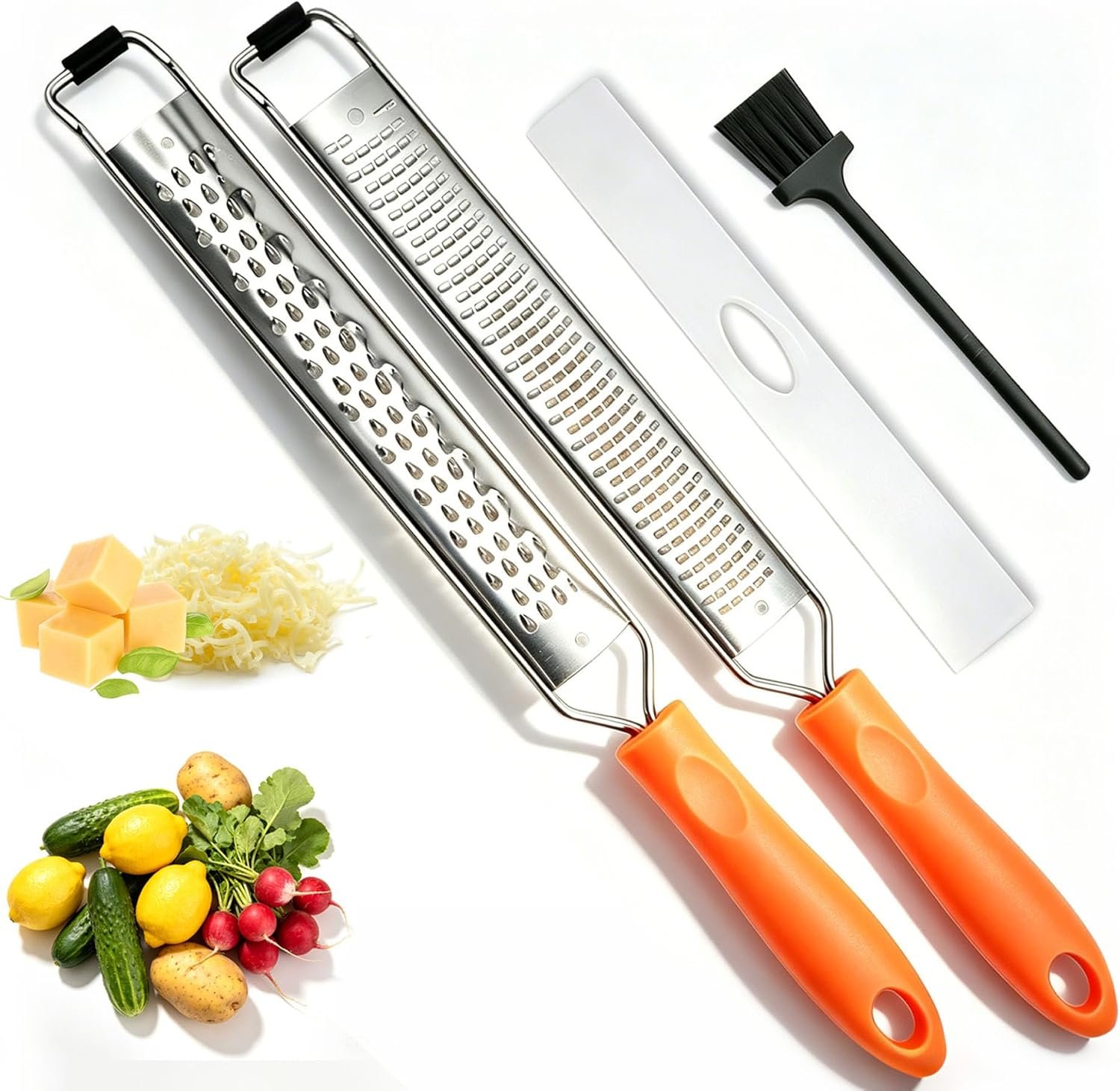 Lemon Zester & Cheese Grater Set of 2,Kitchen Zester Tool for Cheese,Lemon,Nutmeg, Chocolate, Fruits, Vegetables With Protective Cover (Orange)