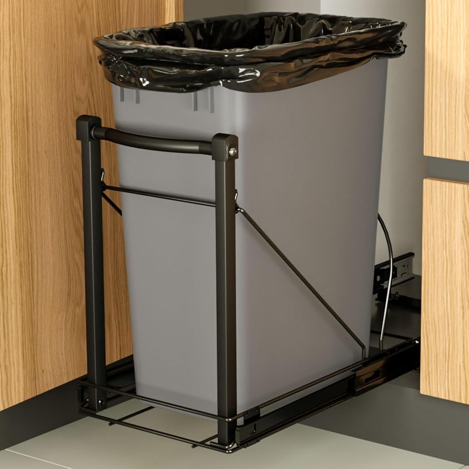 Pull Out Trash Can with Soft-Close for Kitchen Cabinets, Under Sink Drawer | Adjustable for 7-13 Gal can, Black Thick Handle & Frame, Up to 125 lbs Capacity, Fits 13″W x 18″D cabinets, Can Not Included