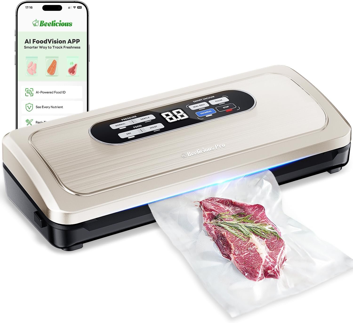 Vacuum Sealer Machine with AirLock ProSeal System, 10-in-1 Vacuum Sealer for Food, Moist/Dry Sealing Modes, Compact Design with Digital Timer, Built-in Cutter & Roll Storage, Silver-golden