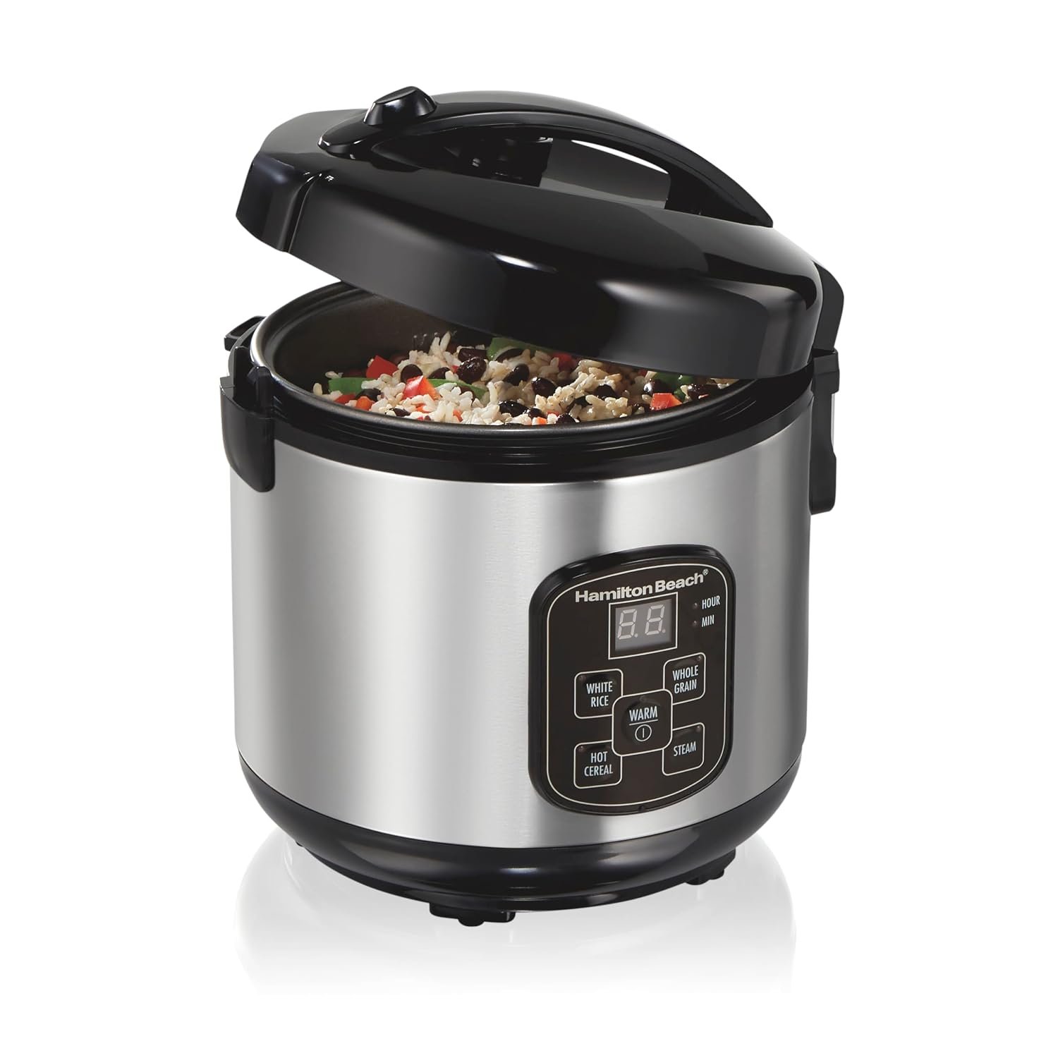 Hamilton Beach Digital Programmable Rice Cooker & Food Steamer, 8 Cups Cooked (4 Uncooked), With Steam & Rinse Basket, Stainless Steel (37518) | 8 Cups Cooked (4 Uncooked) | 4 Rice Settings | PFAS-Free Nonstick Pot | Steam Basket | Stainless Steel