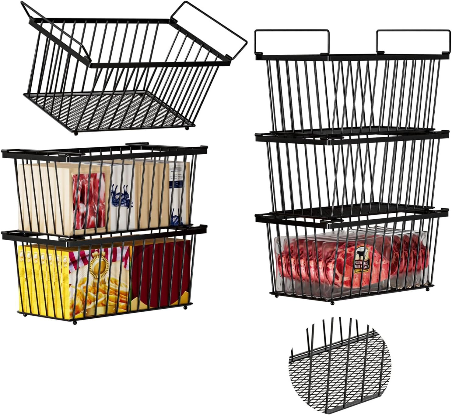 Enhanced Leak-Proof Bottom, Freezer Organizer Bins for 7 Cu.Ft,6 Pack | Stackable Chest Freezer Organizer Bins, Baskets with Handles, Leak-proof Wire Storage Container Baskets for Sort Frozen Meats