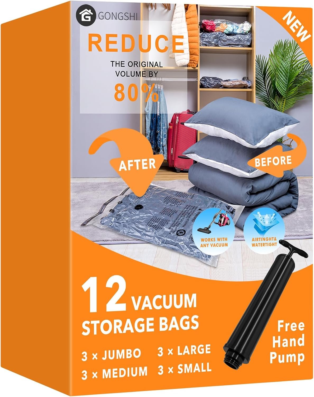 GONGSHI Vacuum Storage Bags, Space Saver Seal Bags For Clothing, Travel Luggage,Blankets, Comforters, Pillows, Clothes Storage.12 Combo