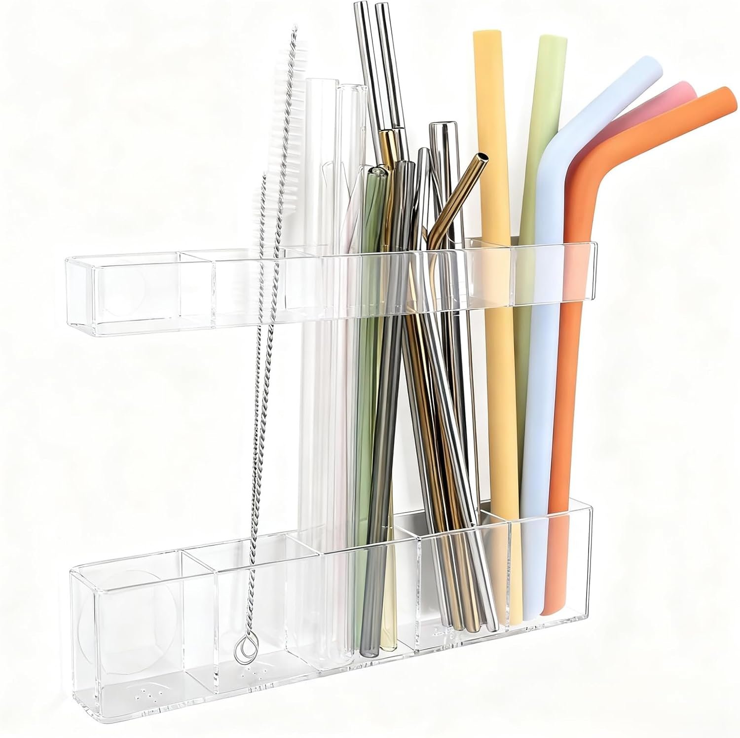 Acrylic Straw Holder for Cabinet Door – Child-Safe Organizer & Dispenser with Smooth Rounded Edges for Kitchen Accessories Storage, Adhesive Circles Included (Clear Transparent)