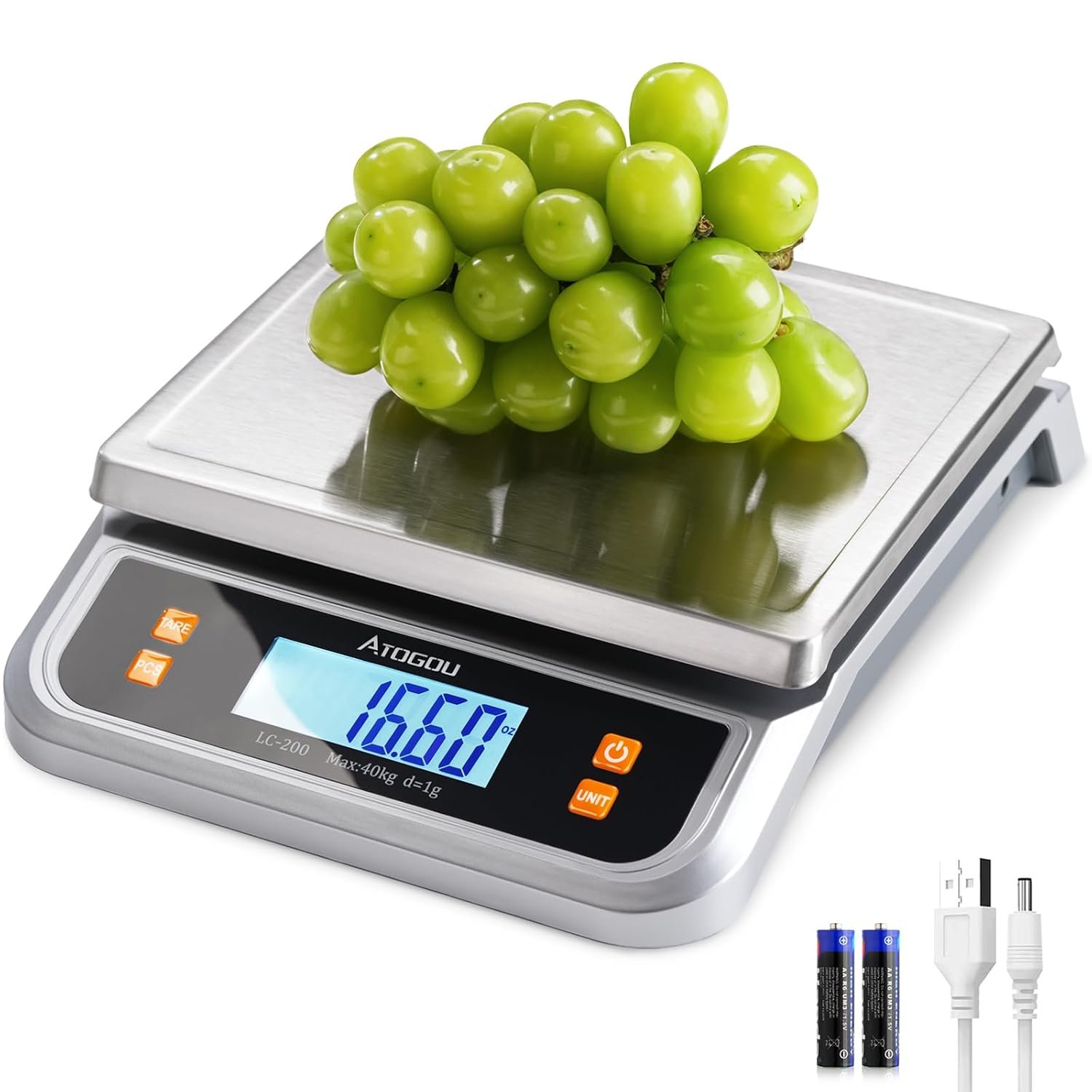 Atogou 88lb Food Scale, Commercial Kitchen Scale Plug-in Usable | Full View LCD Display, Stainless Steel, for Baking, Bread, Cooking, Meat, Vegetables, Farm, Industry LC200 Silver