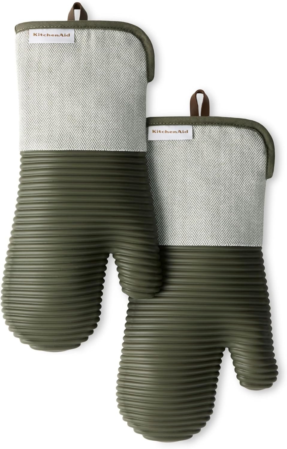 KITCHENAID® Evergreen Design Series Herringbone Ribbed Soft Silicone Oven Mitts 2-Pack Set, Heat Resistant up to 500°F, Flexible & Waterproof, Deep Forest Green, 7″x14″
