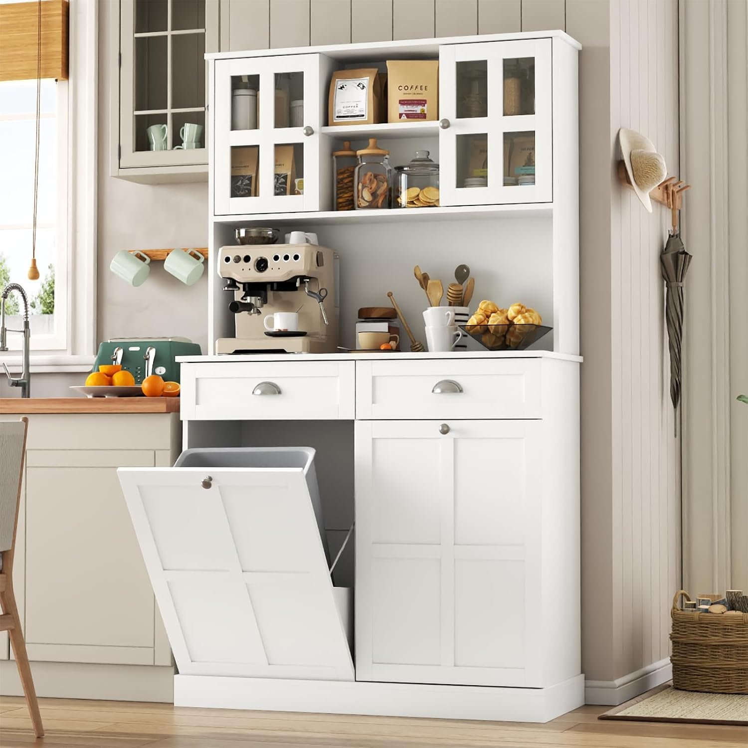 Kitchen Pantry Cabinet with Double Tilt Out Trash Cabinet, 2 Drawer & Hutch | 68″ Tall Storage Cabinets, 20 Gallon Hidden Trash Can Cabinets, Kitchen Cupboard with Microwave Coffee Stand