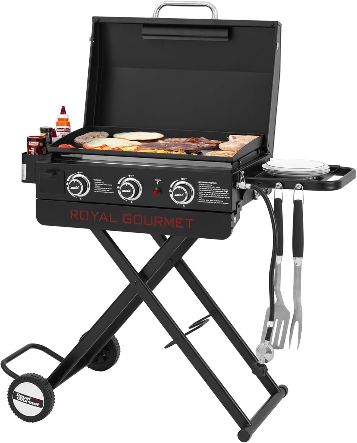 Royal Gourmet PD3001 3-Burner Propane Gas Griddle with Collapsible Stand | 23-Inch Portable Griddle with Side Table | 25,500 BTU Output, 314 Sq.In. Cooking Area | for Camping Tailgating Backyard Patio