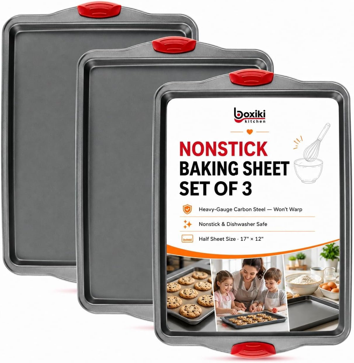 Premium Nonstick Baking Sheet Pans – Set of 3, Heavy-Gauge Carbon Steel, Warp, Dent, and Rust-Resistant – Gourmet Rimmed Half Cookie Sheet Trays, Non-Toxic for Exceptional Baking Performance
