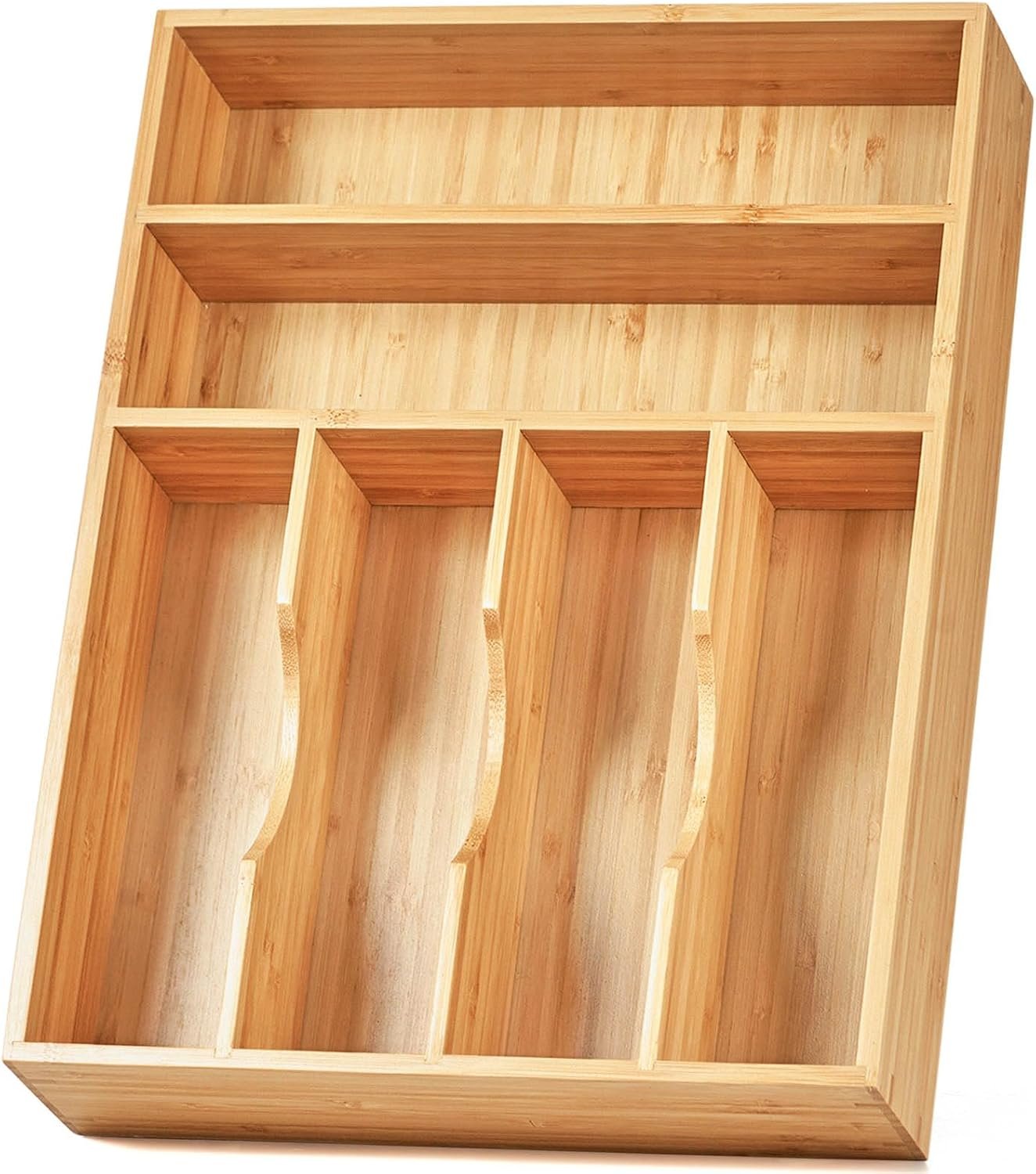 Kitchen Drawer Organizer, 12 Inch Silverware Utensil Tray Holder, Extra Deep, with Non-Slip Feet & Grooved Drawer Divider, 6 Slots Total Bamboo Wood Caddy for Flatware Cutlery Knives