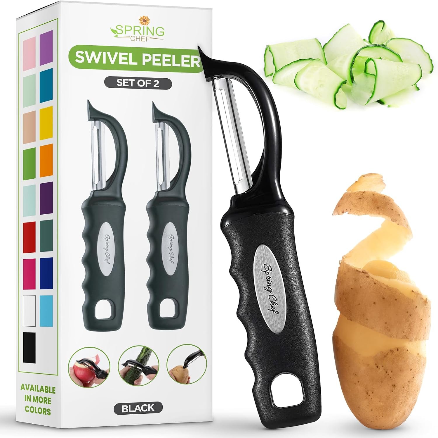Spring Chef Swivel Vegetable Peeler with Soft Grip Handle, Set of 2, Black | Premium Potato Peeler w/ Ultra Sharp Stainless Steel Blades, Multifunctional Veggie Peeler for Apple, Carrot, Cucumber, Fruit