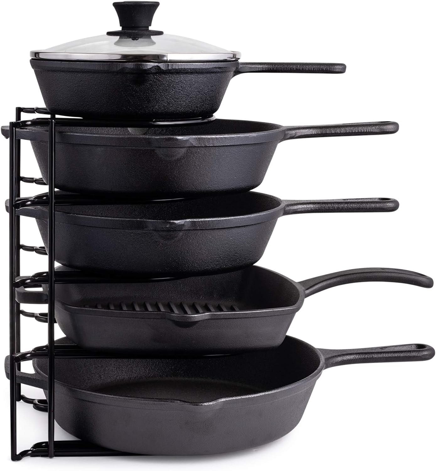 Cuisinel Pan Organizer for Cast Iron Skillets, Griddles, 5-Tier Rack, Black 12.2″
