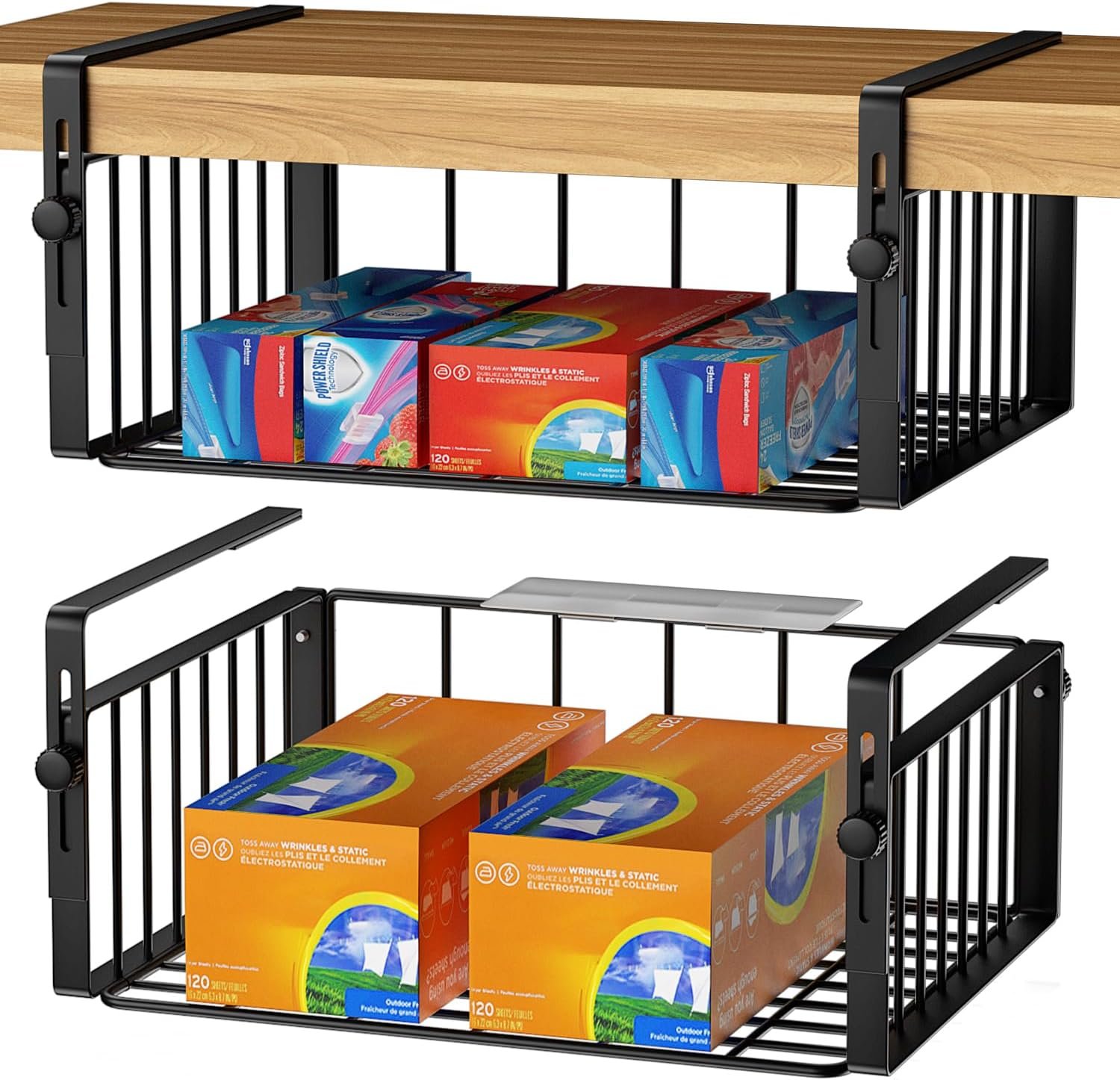 AmonHouseware 2Pack Under Shelf Storage Basket Organizer, Black | Adjustable Hanging,Under Cabinet Add-on, Slide-in Baskets, for Laundry Room Kitchen Pantry Desk Bookshelf Counter Cupboard