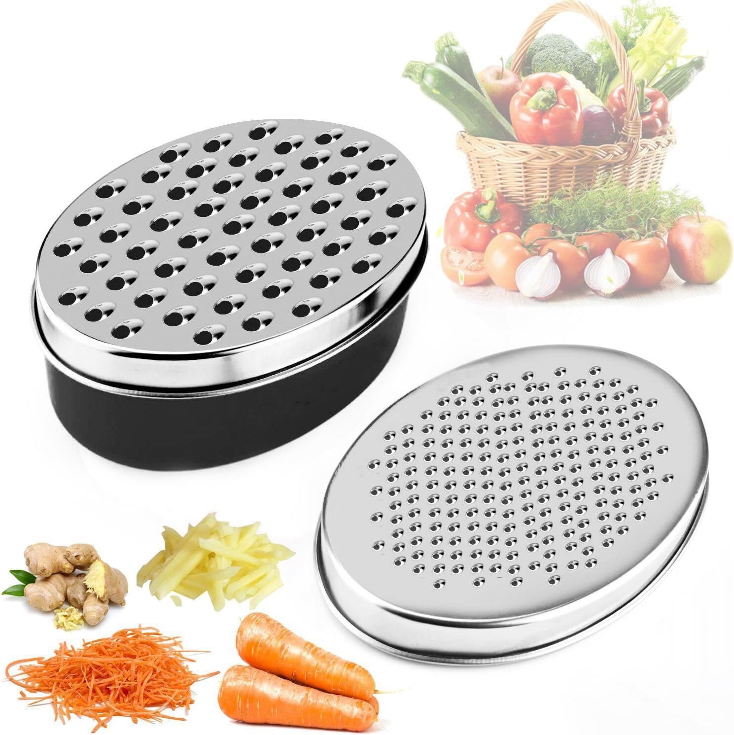 Stainless Steel Cheese Grater with Airtight Storage Container – Box Grater for Kitchen, Shredder for Parmesan, Cheddar, Vegetables, Chocolate, Nutmeg – Includes Lemon for Citrus, Ginger, Butter